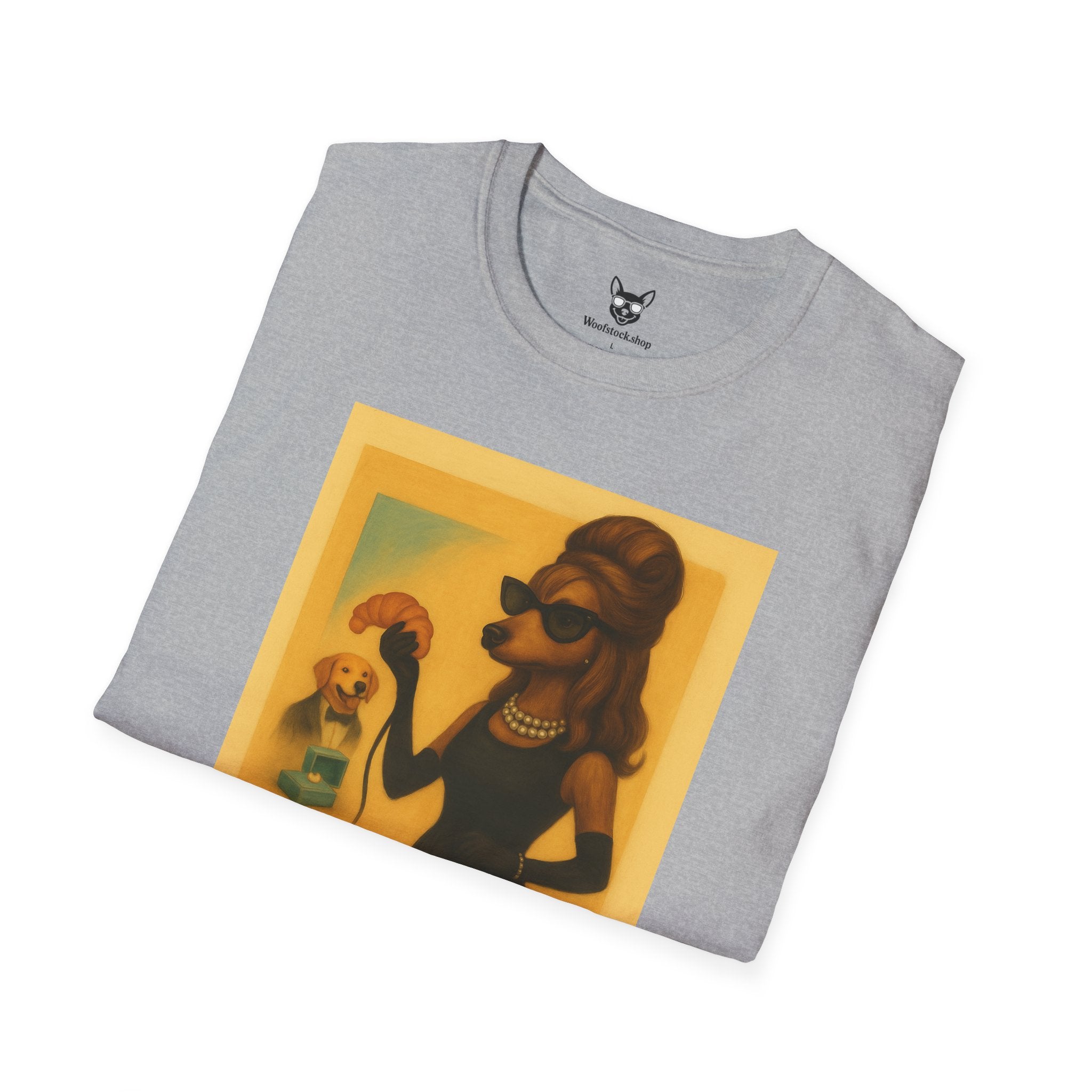 Breakfast at Tiffany's Movie Poster Dog Parody Unisex Softstyle T-Shirt -- Funny Audrey Hepburn Movie Tee for Film and Dog Lovers