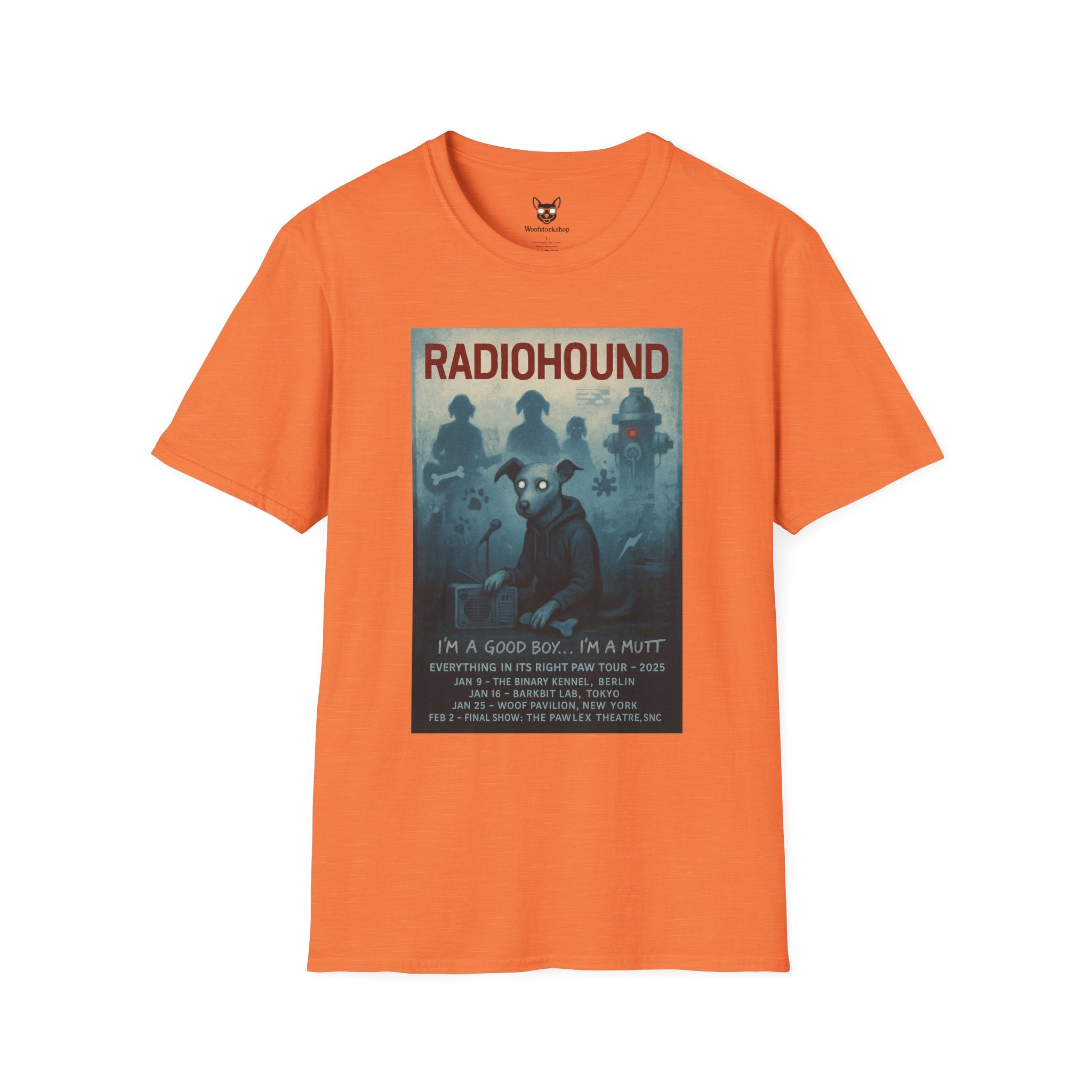 Radiohead Concert Poster Dog Parody Unisex Softstyle T-Shirt -- Funny Rock Tee for Music and Dog Lovers