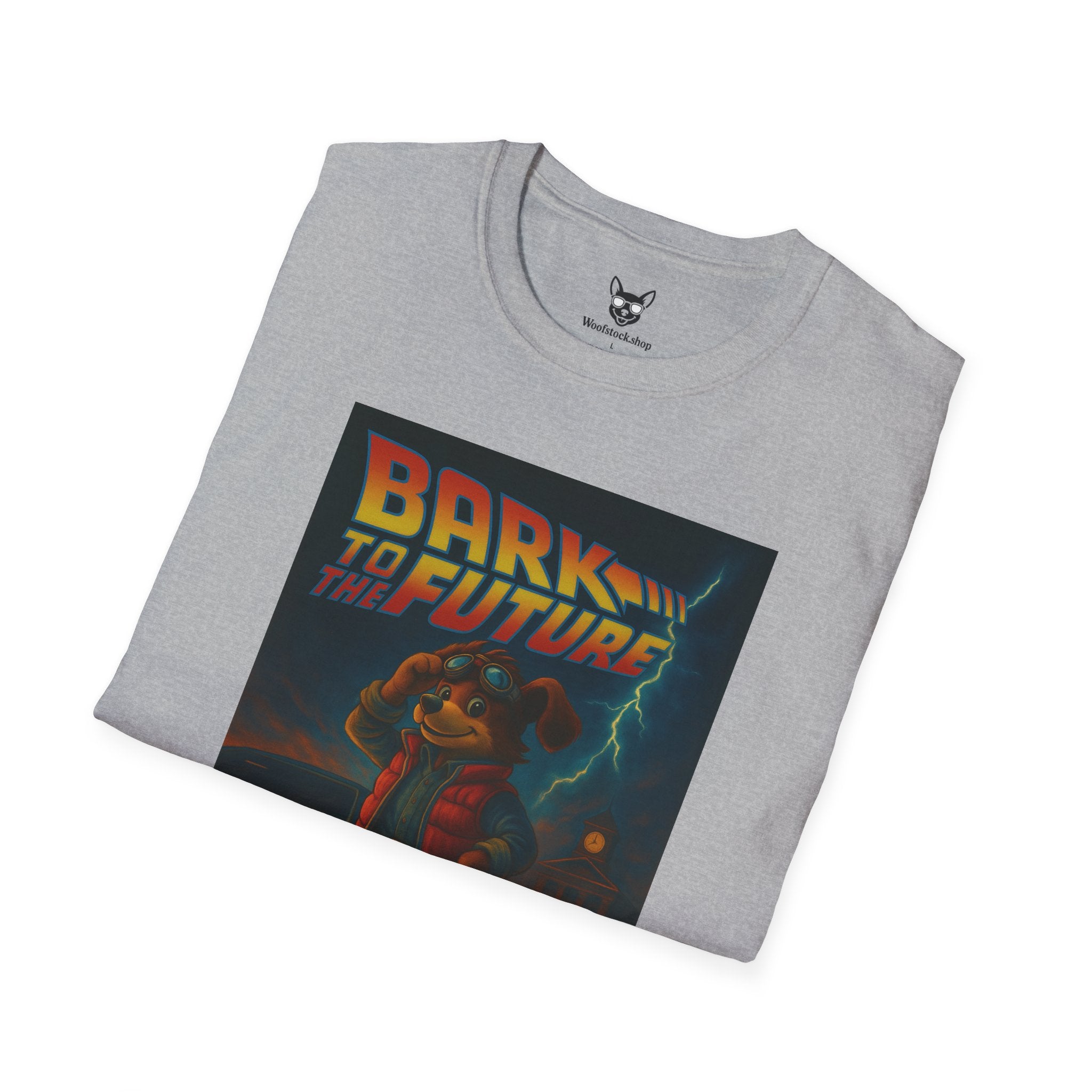 Back to the Future Movie Poster Dog Parody Unisex Softstyle T-Shirt -- Funny Dog Movie Tee for Film and Dog Lovers