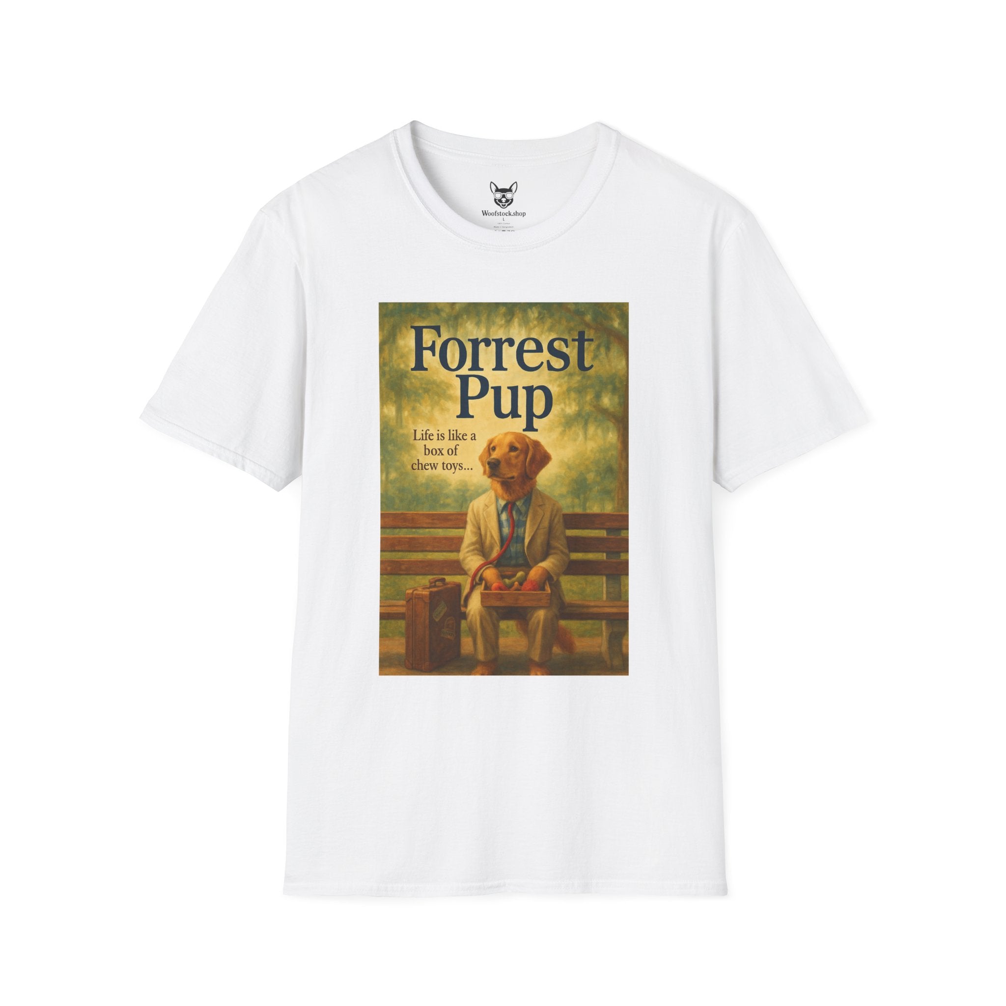 Forrest Gump Movie Poster Dog Parody Unisex Softstyle T-Shirt -- Funny Dog Movie Tee for Film and Dog Lovers