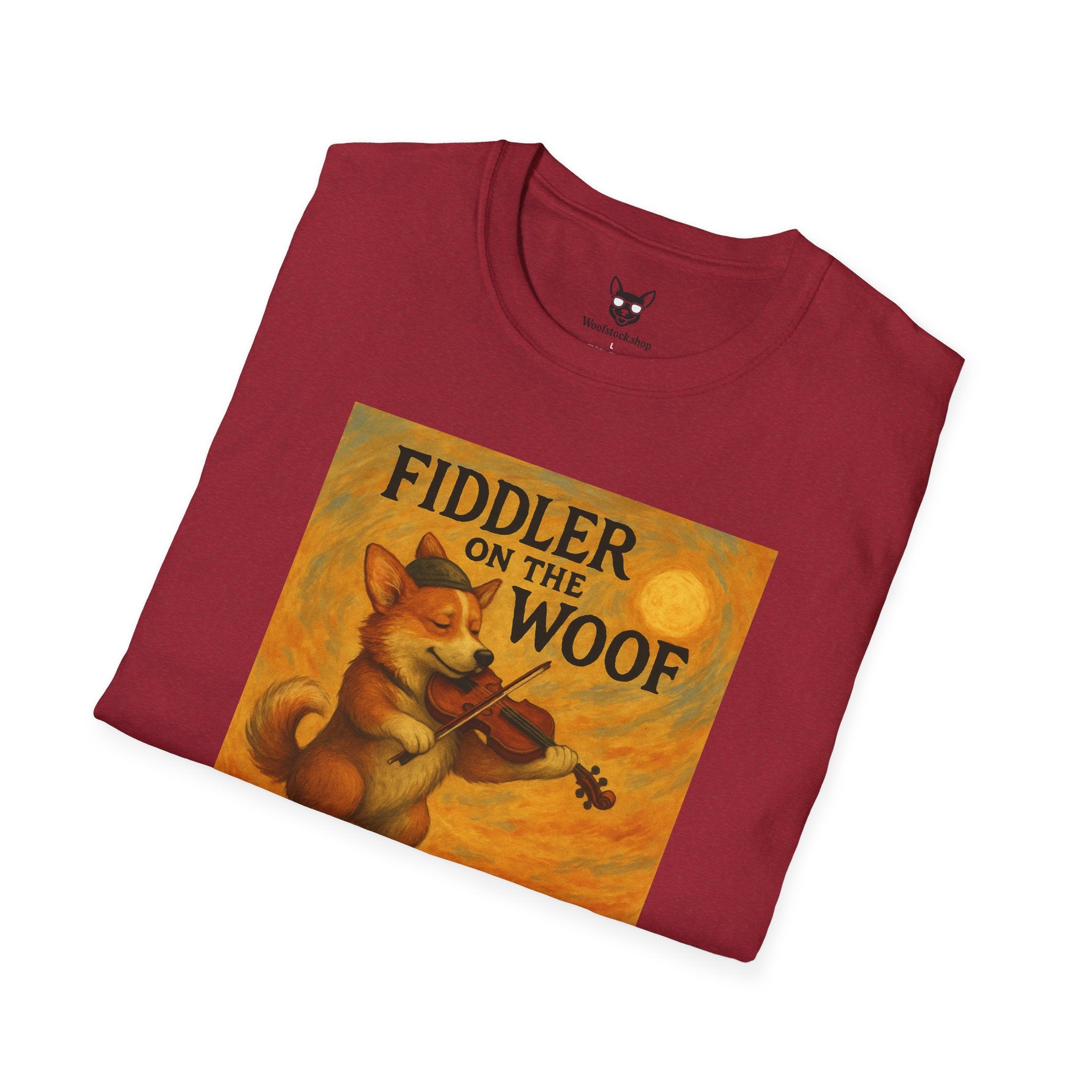 Fiddler on the Woof Broadway Poster Dog Parody Unisex Softstyle T-Shirt -- Funny Broadway Movie Tee for Theater and Dog Lovers