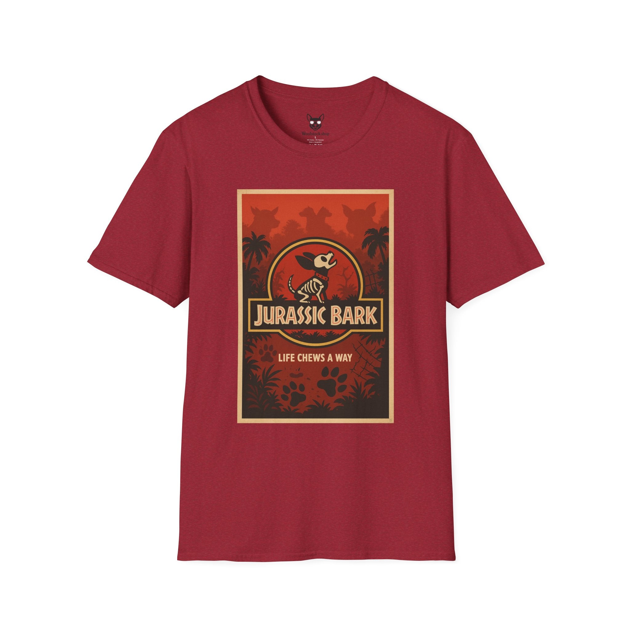 Jurassic Park Movie Poster Dog Parody Unisex Softstyle T-Shirt -- Funny Dog Movie Tee for Film and Dog Lovers