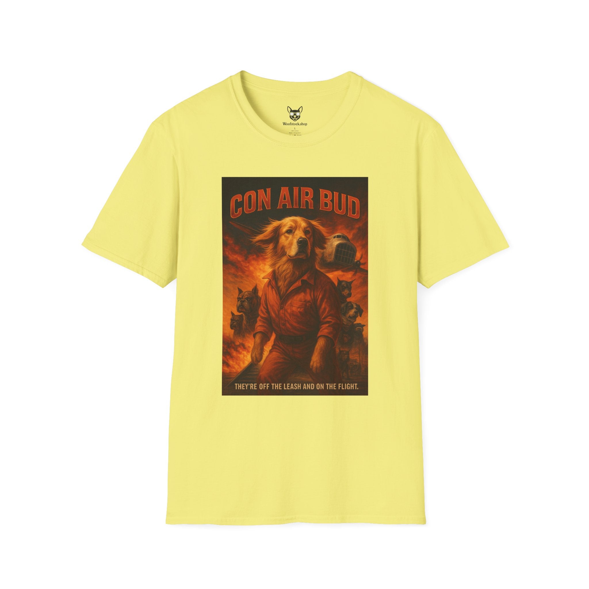 Con Air Movie Poster Dog Parody Unisex Softstyle T-Shirt – Funny Action Movie Tee for Film and Dog Lovers