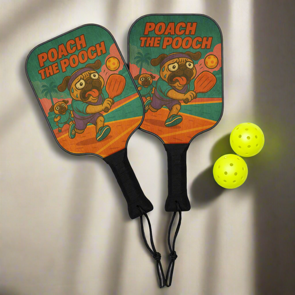 Pouch the Pooch Pug Pickleball Paddle Set -- Funny Gear for Dog Lovers and Pickleball Fans