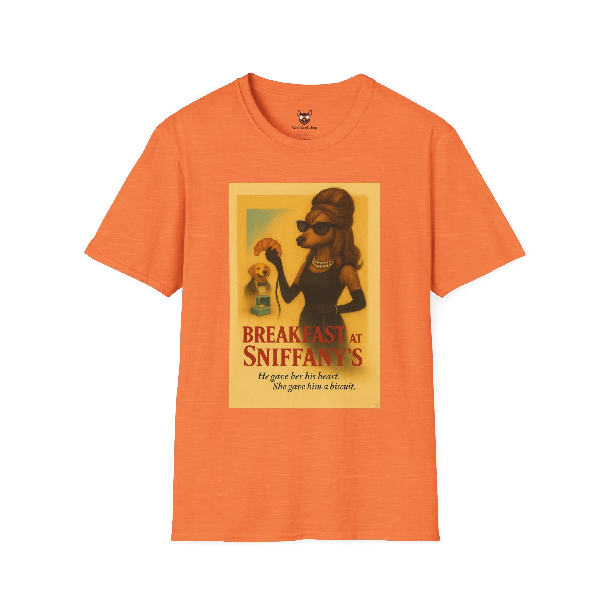 Breakfast at Tiffany's Movie Poster Dog Parody Unisex Softstyle T-Shirt -- Funny Audrey Hepburn Movie Tee for Film and Dog Lovers