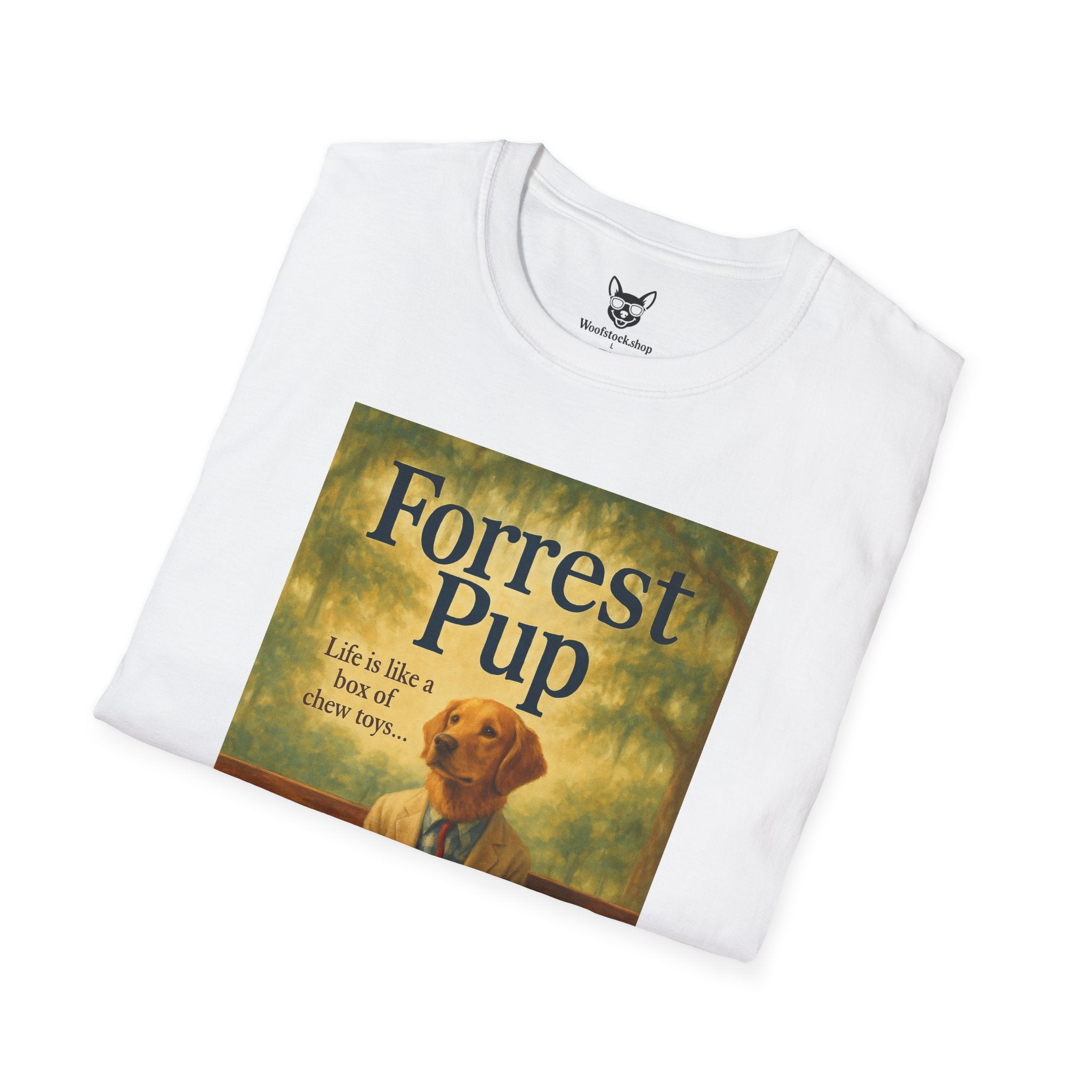 Forrest Gump Movie Poster Dog Parody Unisex Softstyle T-Shirt -- Funny Dog Movie Tee for Film and Dog Lovers