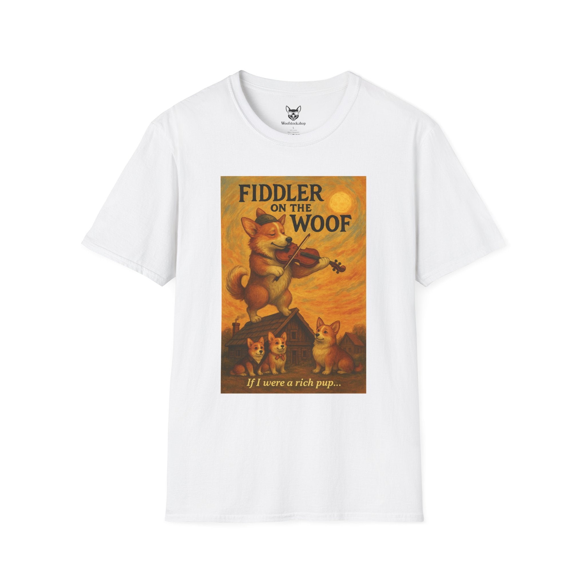 Fiddler on the Woof Broadway Poster Dog Parody Unisex Softstyle T-Shirt -- Funny Broadway Movie Tee for Theater and Dog Lovers
