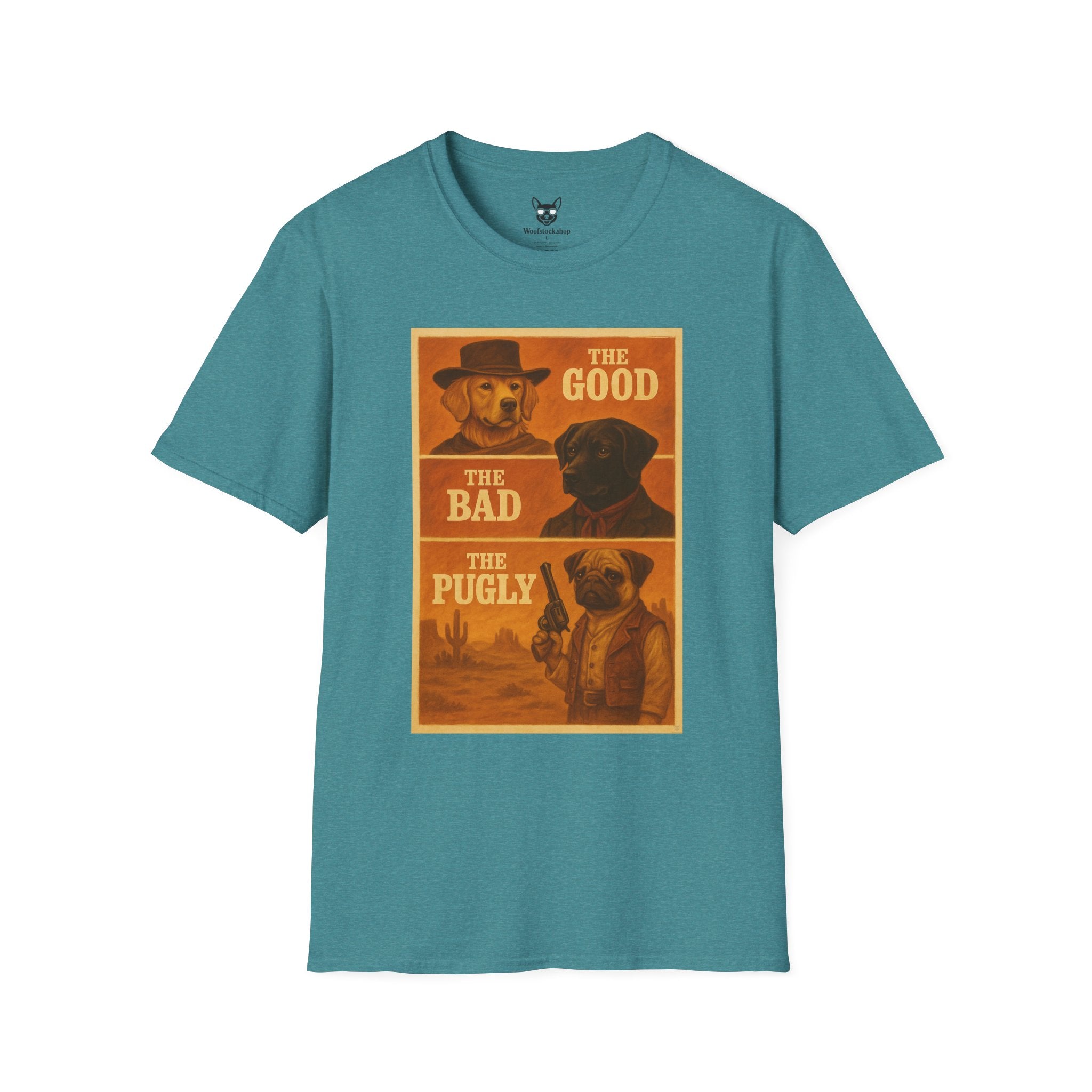 The Good, The Bad, & The Ugly Movie Poster Dog Parody Unisex Softstyle T-Shirt – Funny Movie Tee for Film and Dog Lovers