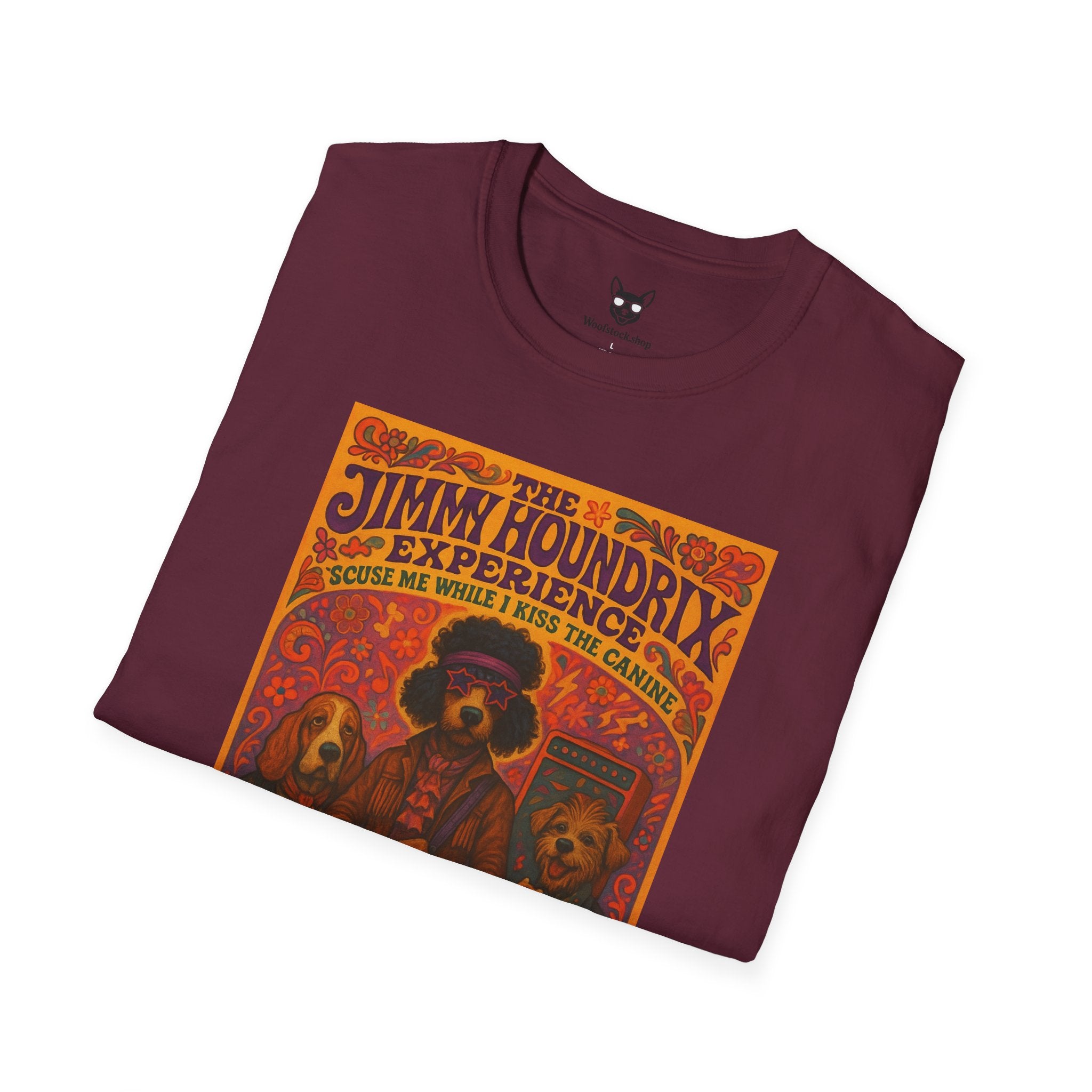 Jimi Hendrix Concert Poster Dog Parody Unisex Softstyle T-Shirt -- Funny Rock Tee for Music and Dog Lovers