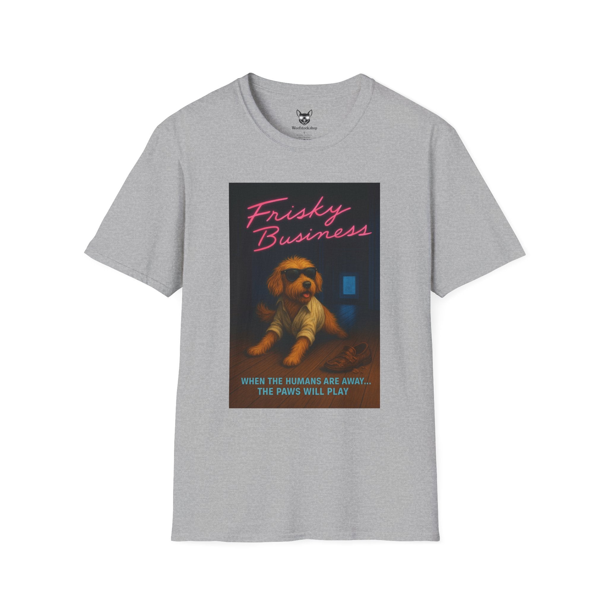 Risky Business Movie Poster Dog Parody Unisex Softstyle T-Shirt -- Funny Dog Movie Tee for Film and Dog Lovers