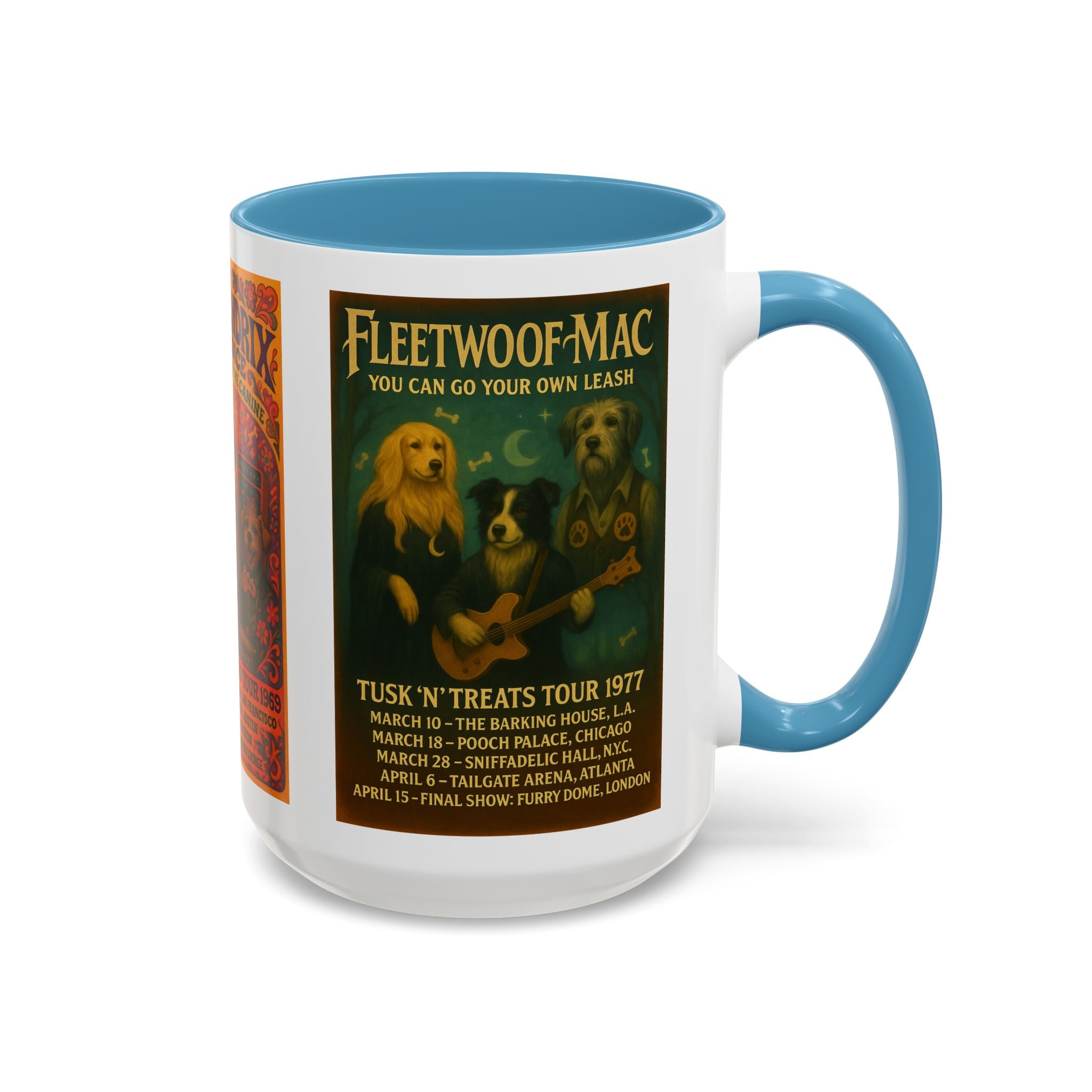 Concert Poster Dog Parody Mug – Funny Bruce Springsteen, Jimi Hendrix, and Fleetwood Mac Parody Gift