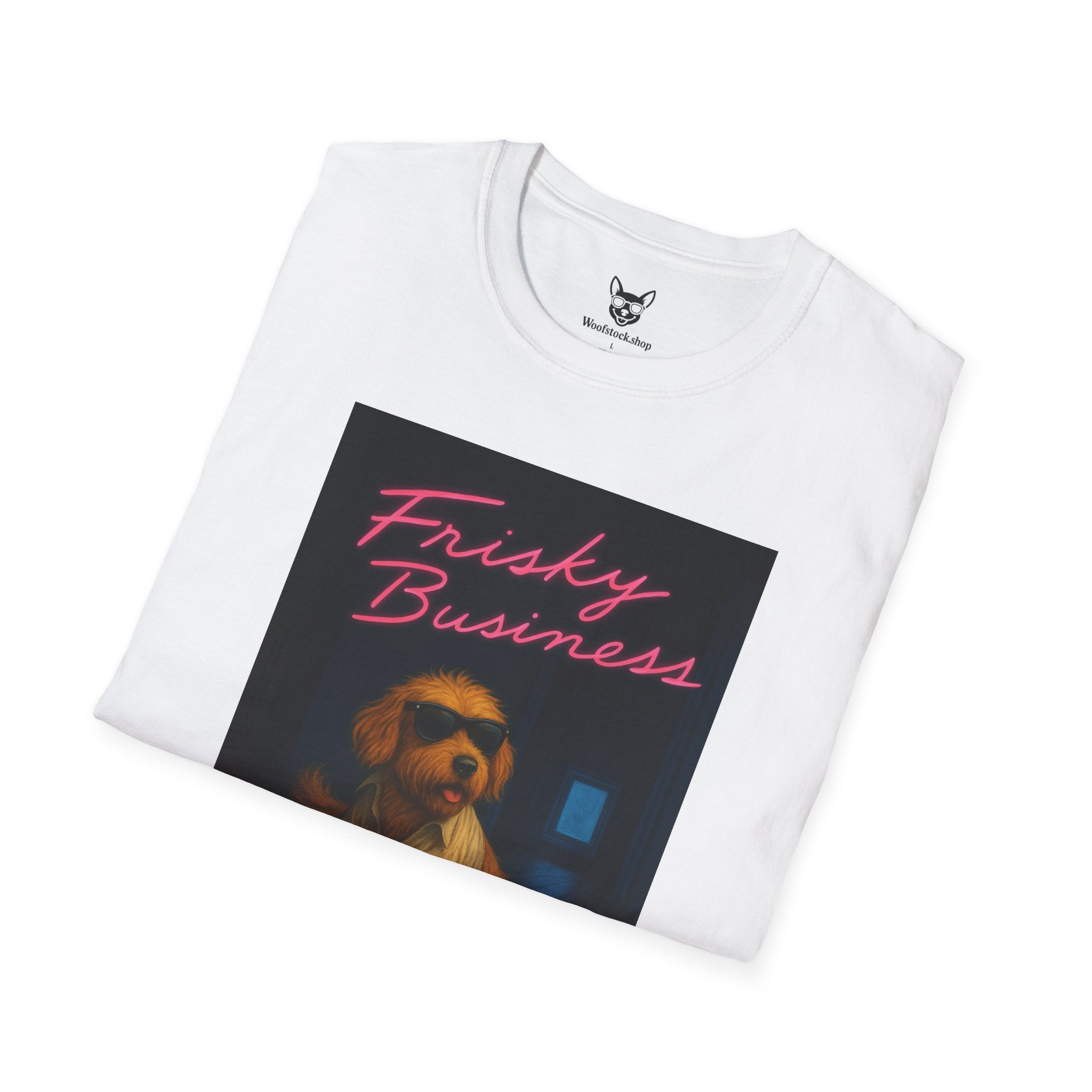 Risky Business Movie Poster Dog Parody Unisex Softstyle T-Shirt -- Funny Dog Movie Tee for Film and Dog Lovers