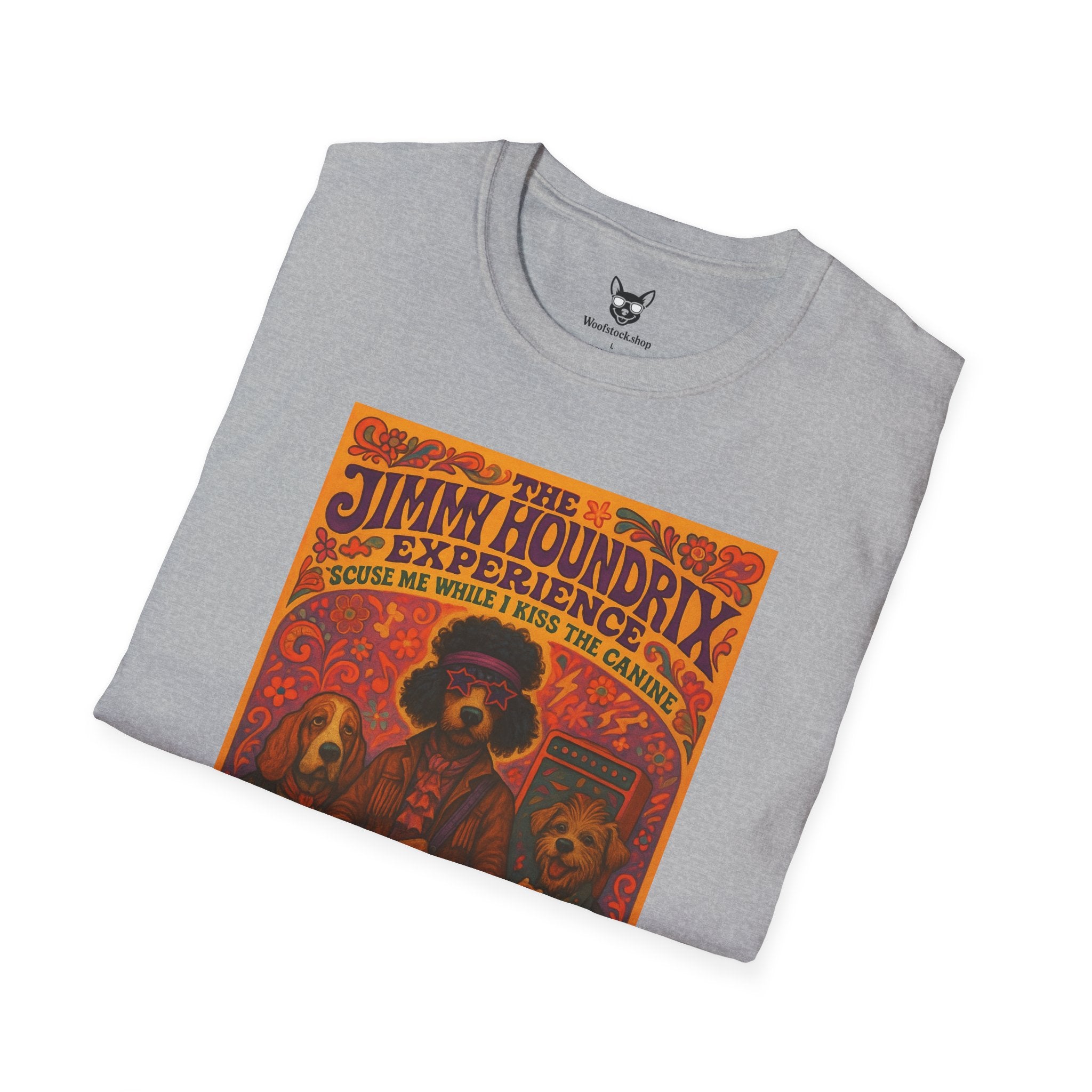 Jimi Hendrix Concert Poster Dog Parody Unisex Softstyle T-Shirt -- Funny Rock Tee for Music and Dog Lovers