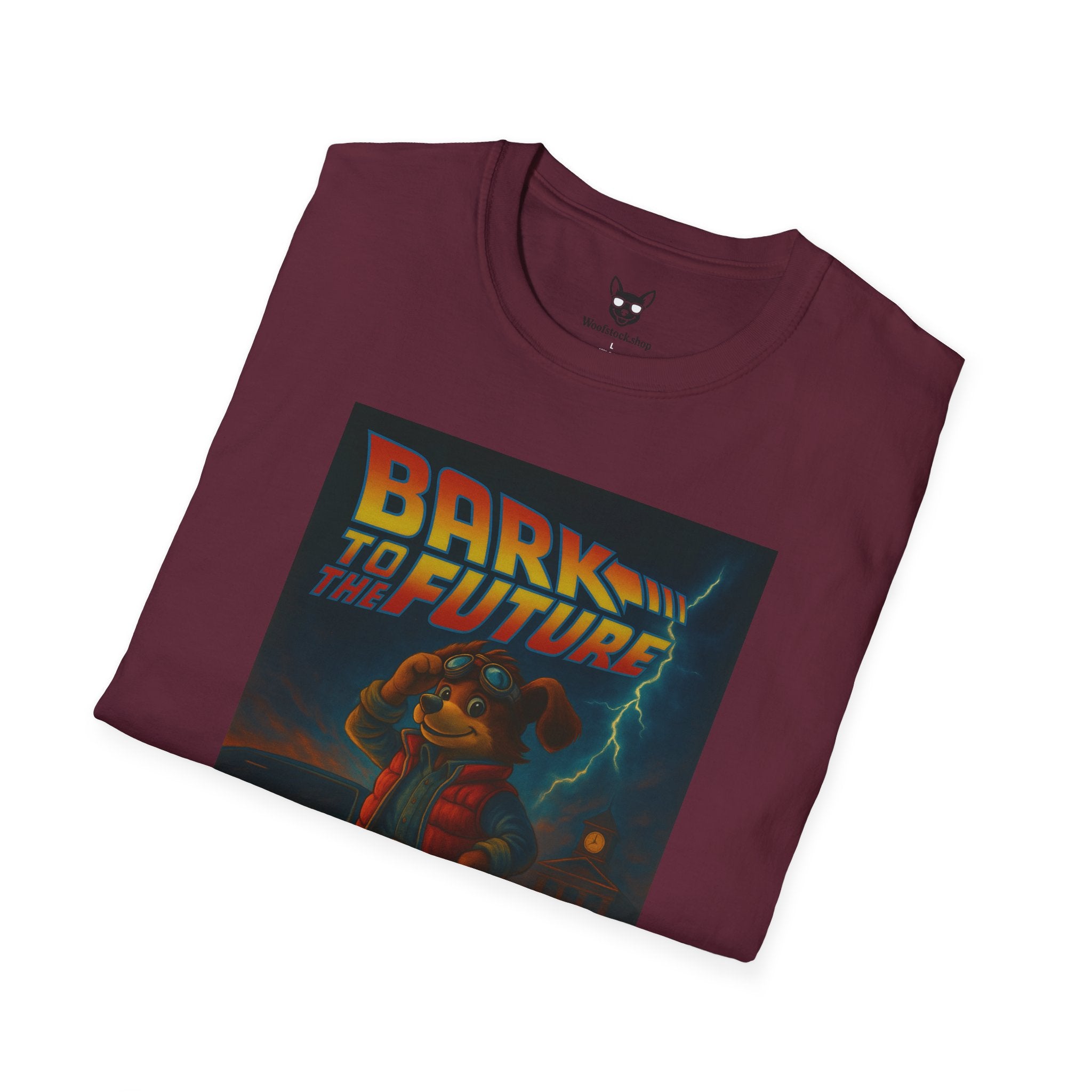 Back to the Future Movie Poster Dog Parody Unisex Softstyle T-Shirt -- Funny Dog Movie Tee for Film and Dog Lovers