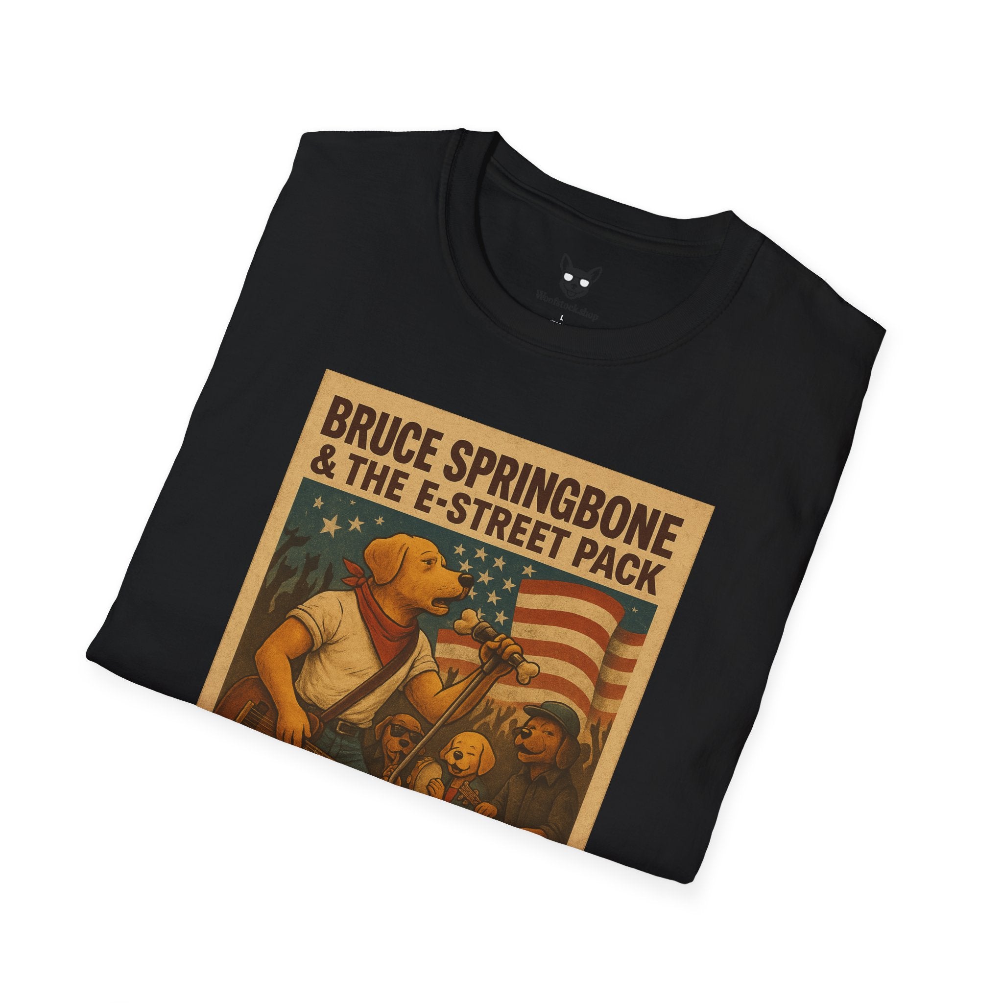 Bruce Springsteen Concert Poster Dog Parody Unisex Softstyle T-Shirt -- Funny Rock Tee for Music and Dog Lovers