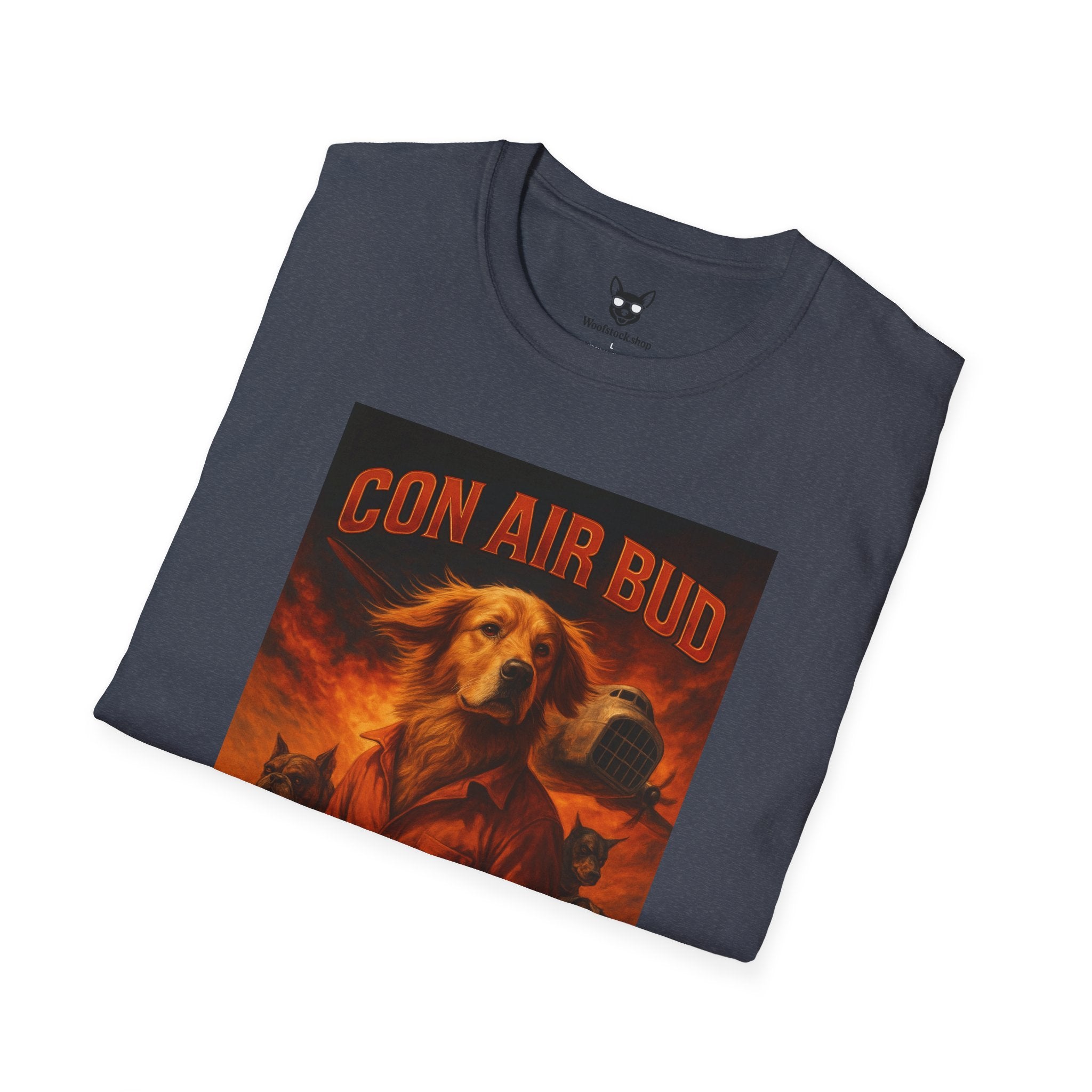 Con Air Movie Poster Dog Parody Unisex Softstyle T-Shirt – Funny Action Movie Tee for Film and Dog Lovers