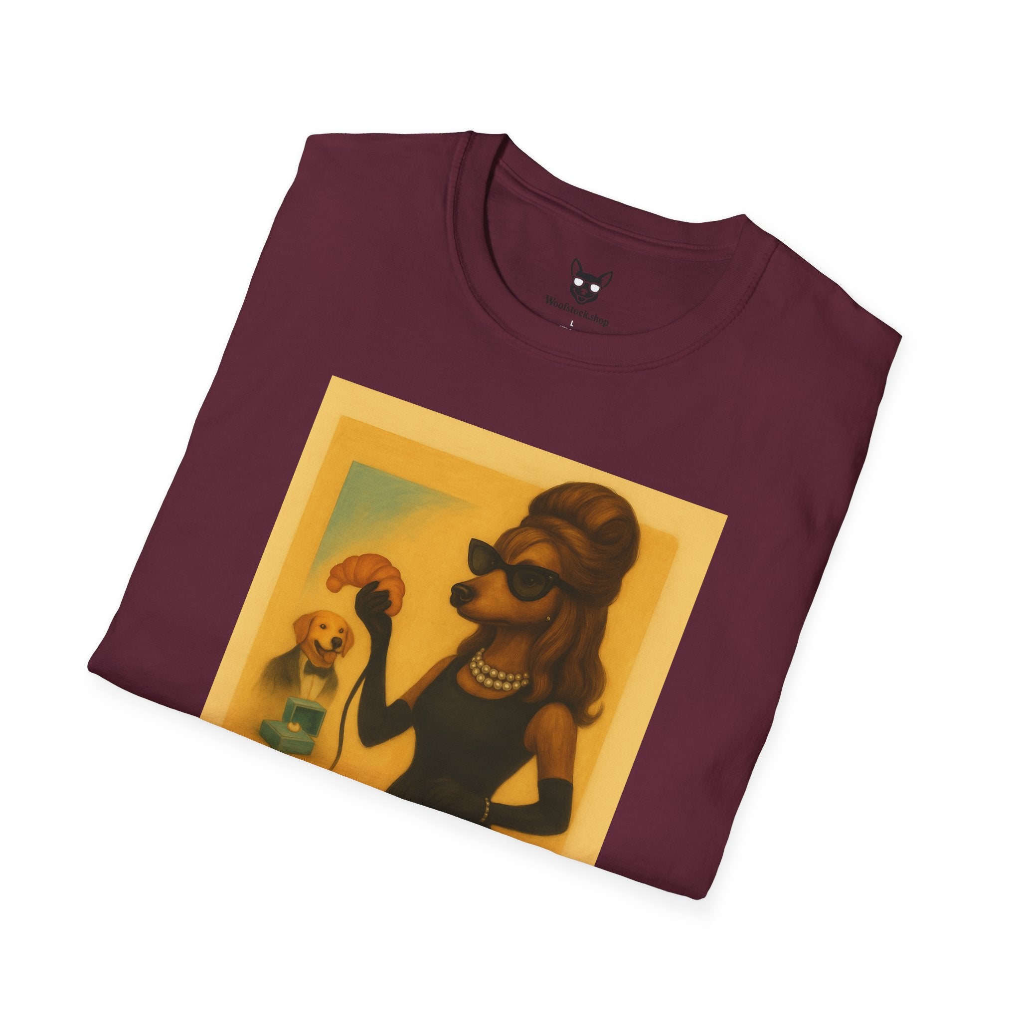 Breakfast at Tiffany's Movie Poster Dog Parody Unisex Softstyle T-Shirt -- Funny Audrey Hepburn Movie Tee for Film and Dog Lovers