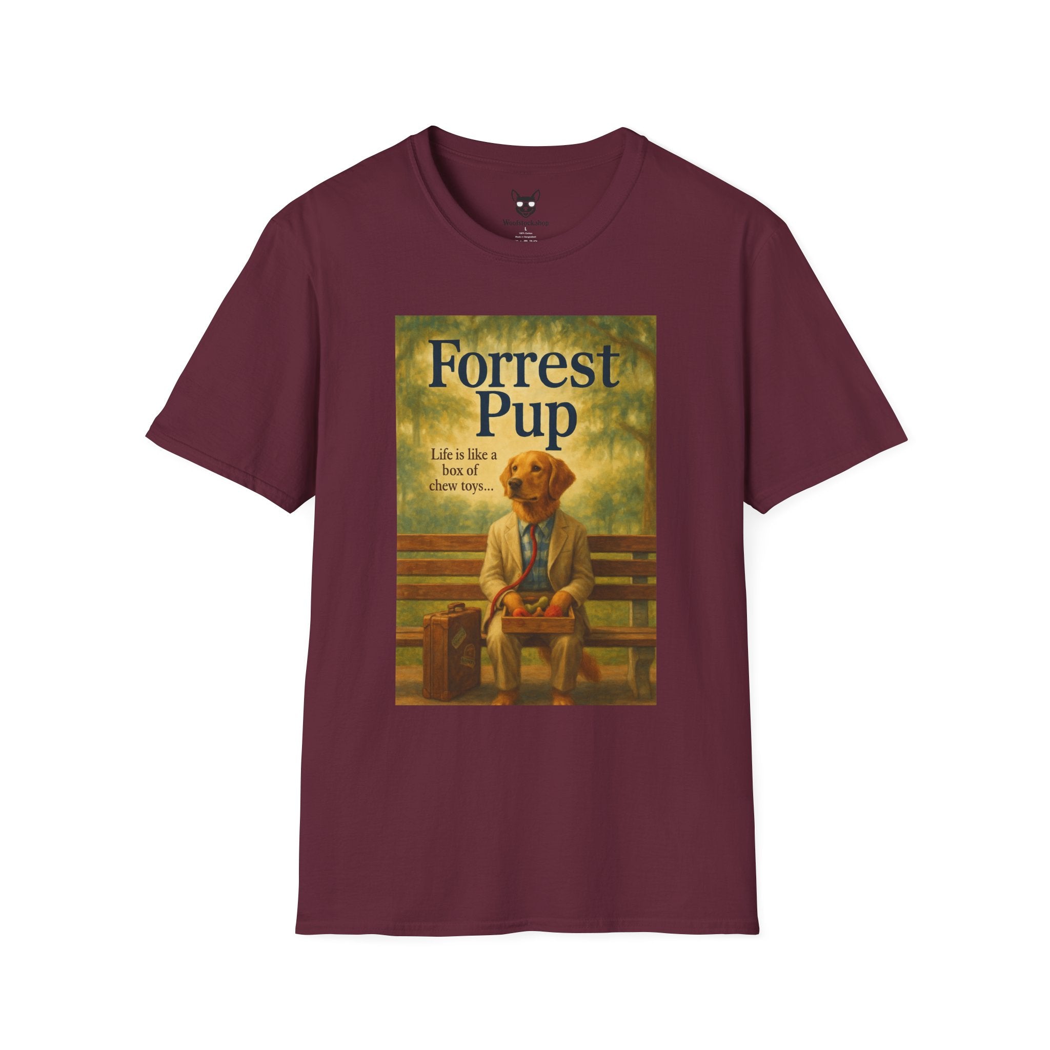 Forrest Gump Movie Poster Dog Parody Unisex Softstyle T-Shirt -- Funny Dog Movie Tee for Film and Dog Lovers