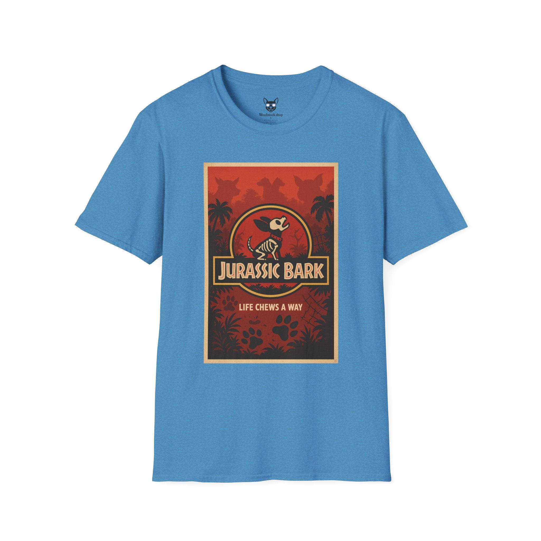 Jurassic Park Movie Poster Dog Parody Unisex Softstyle T-Shirt -- Funny Dog Movie Tee for Film and Dog Lovers
