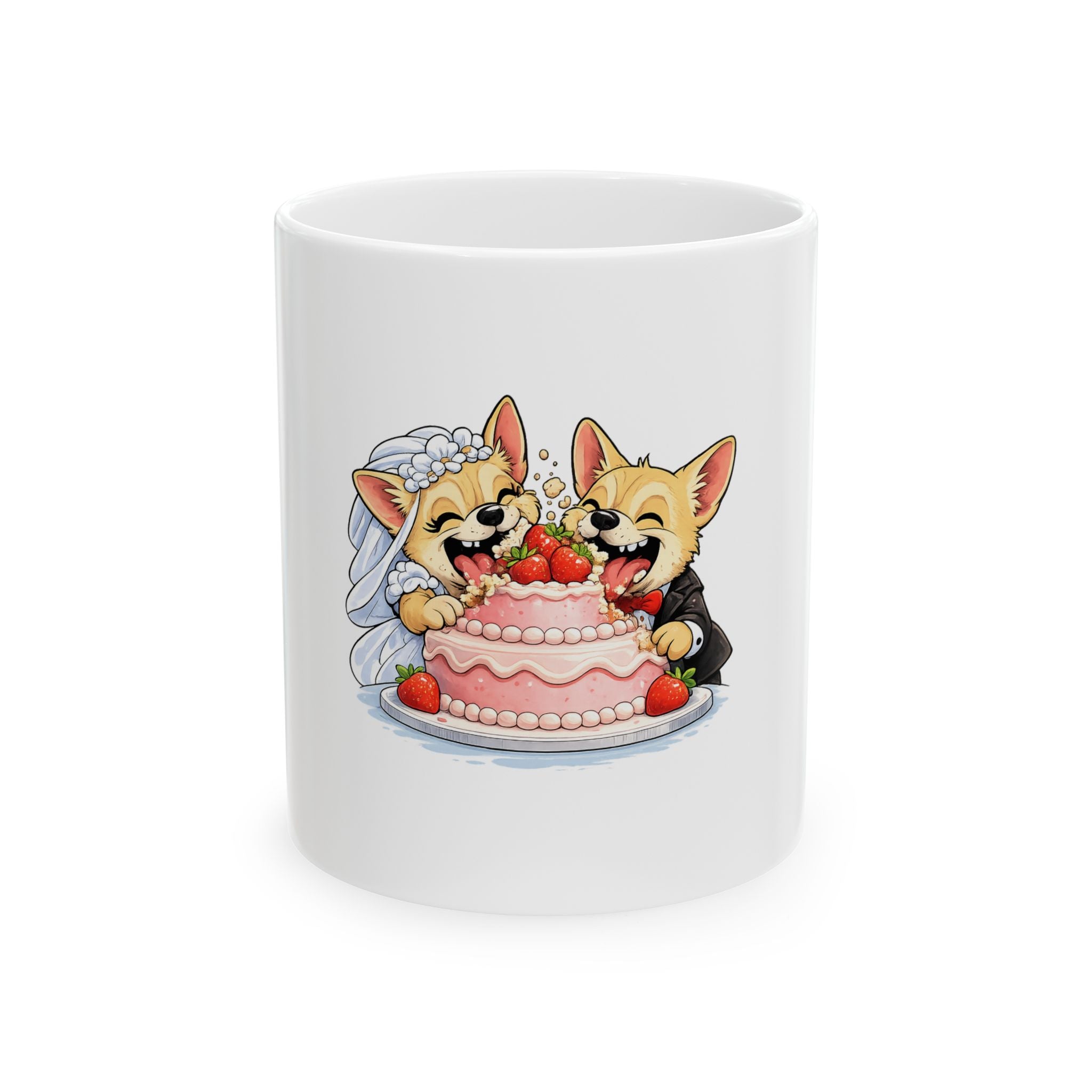 Wedding Corgis Ceramic Mug — Cute Bride & Groom Dogs with Cake (11oz/15oz)