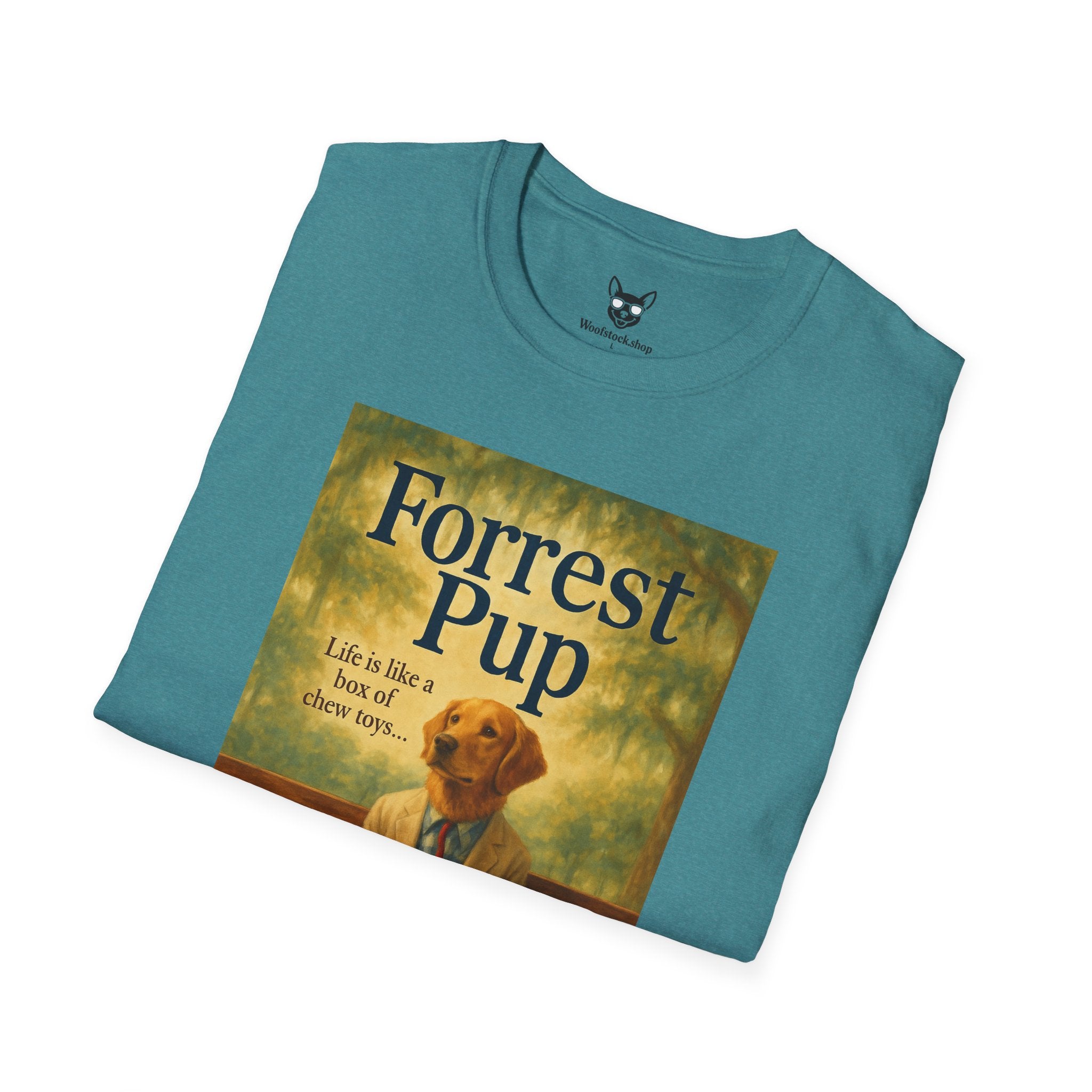 Forrest Gump Movie Poster Dog Parody Unisex Softstyle T-Shirt -- Funny Dog Movie Tee for Film and Dog Lovers