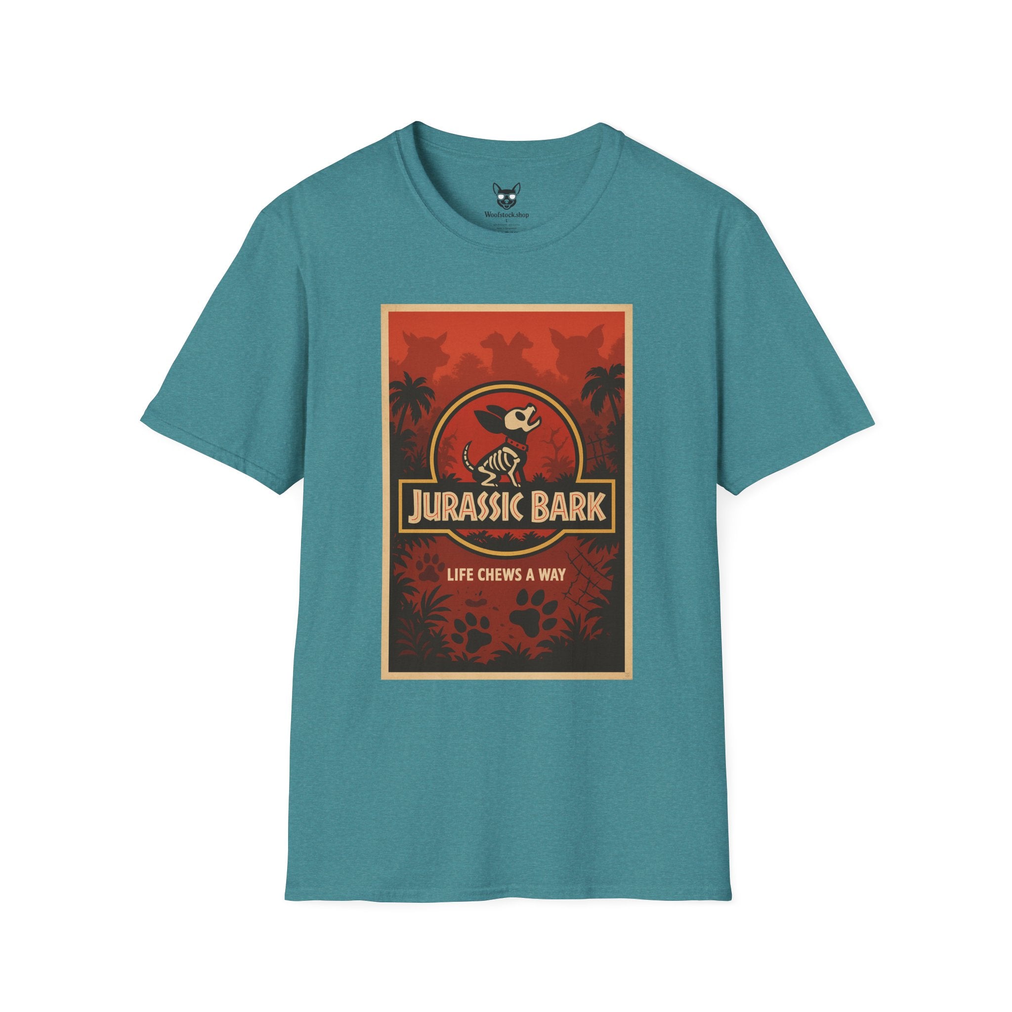Jurassic Park Movie Poster Dog Parody Unisex Softstyle T-Shirt -- Funny Dog Movie Tee for Film and Dog Lovers