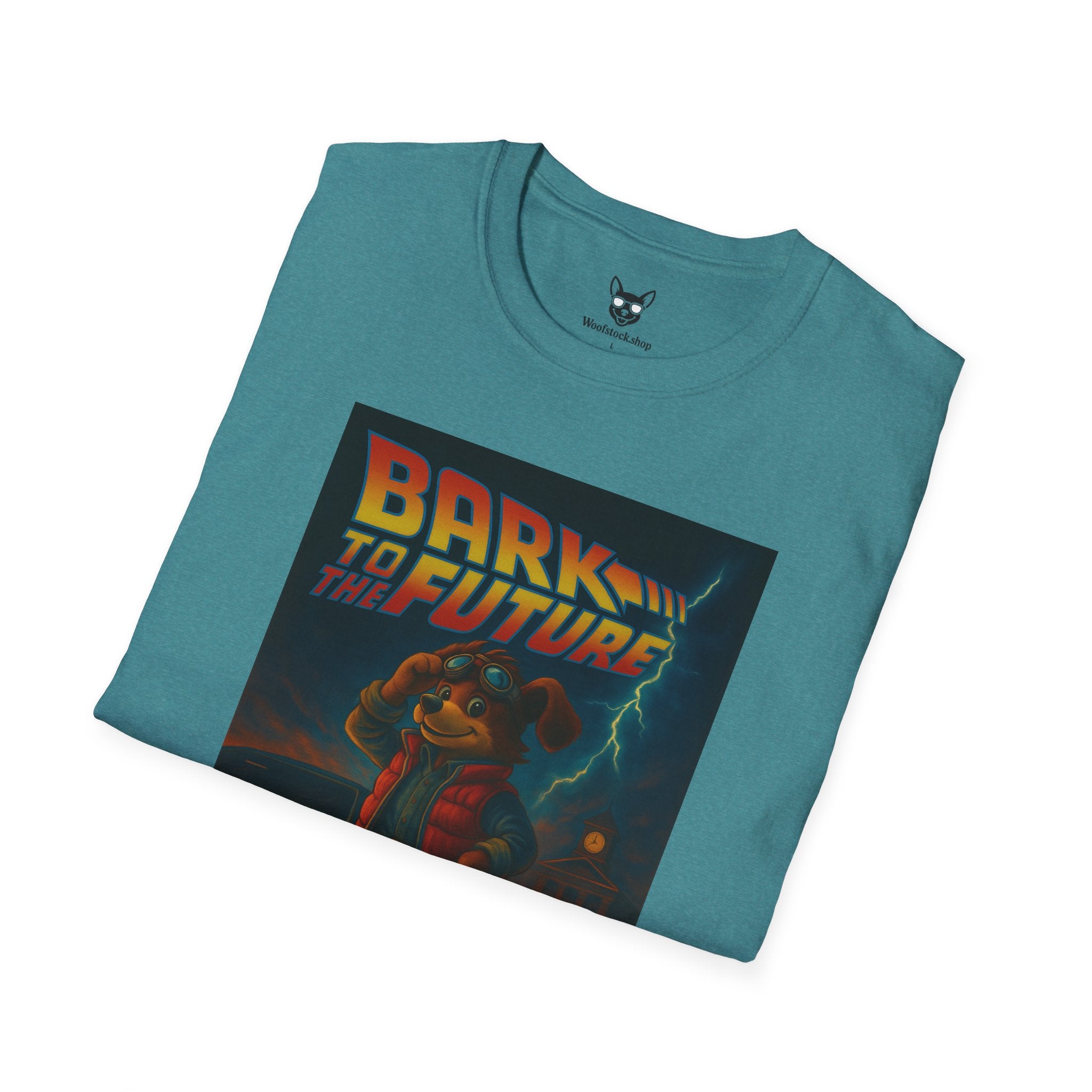 Back to the Future Movie Poster Dog Parody Unisex Softstyle T-Shirt -- Funny Dog Movie Tee for Film and Dog Lovers