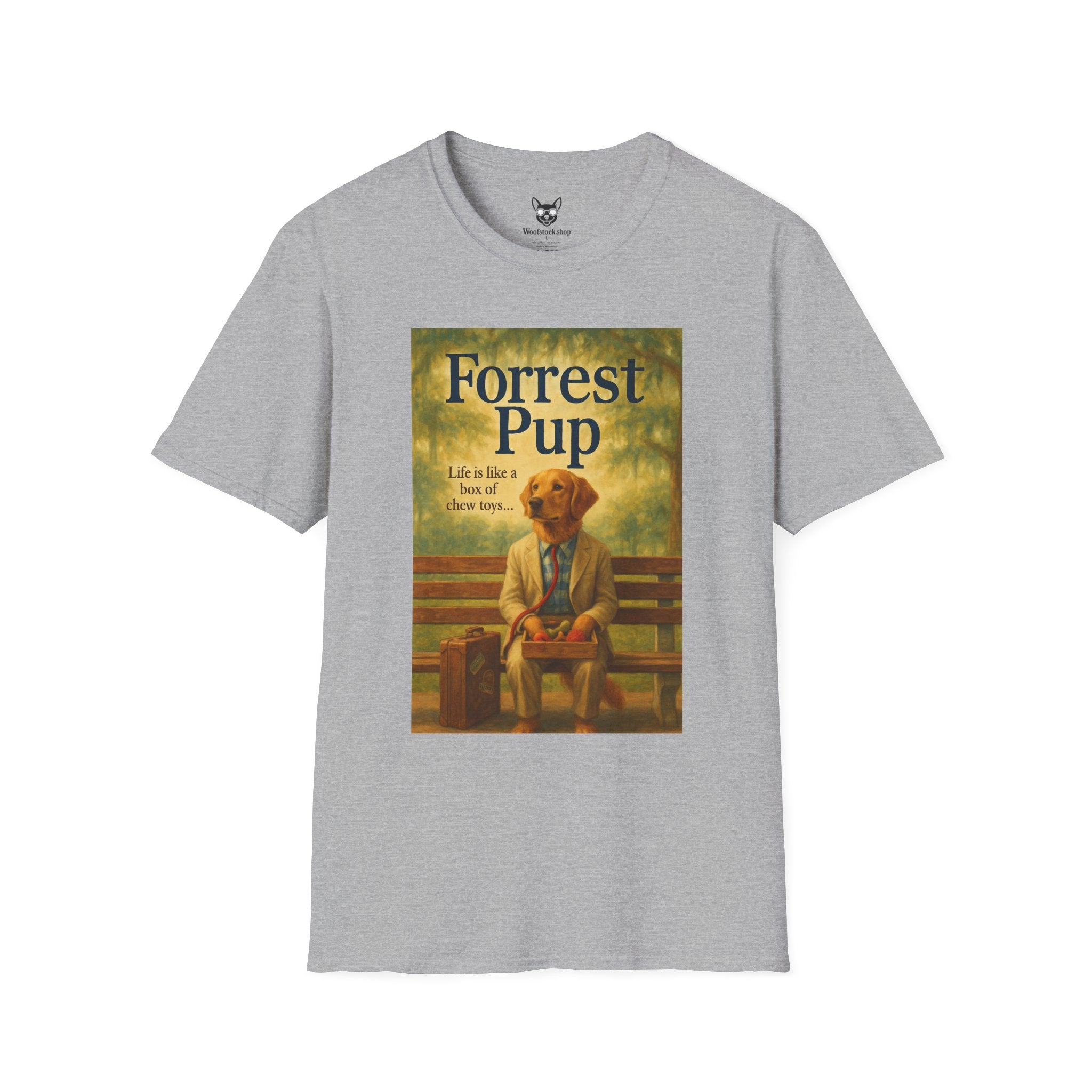 Forrest Gump Movie Poster Dog Parody Unisex Softstyle T-Shirt -- Funny Dog Movie Tee for Film and Dog Lovers