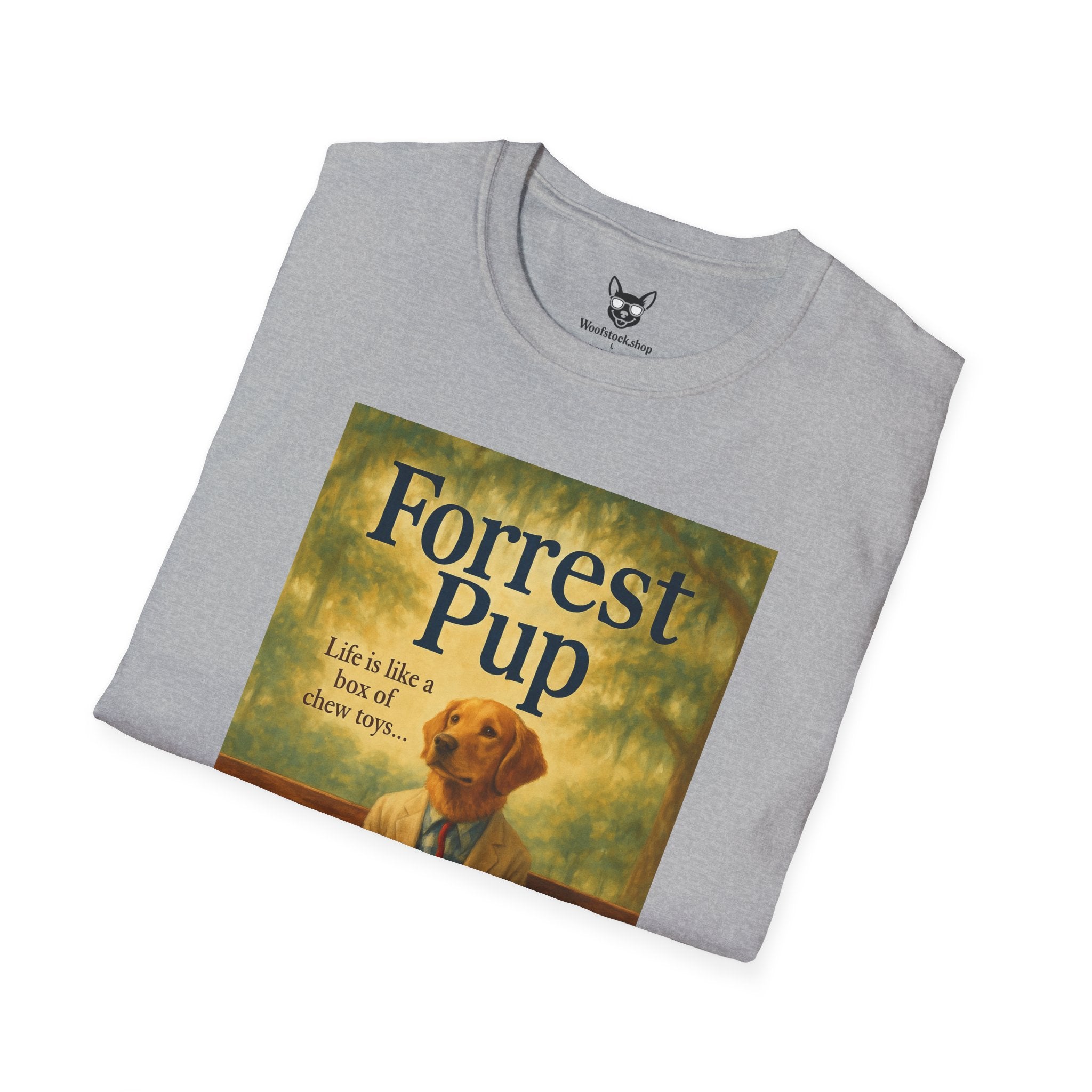 Forrest Gump Movie Poster Dog Parody Unisex Softstyle T-Shirt -- Funny Dog Movie Tee for Film and Dog Lovers