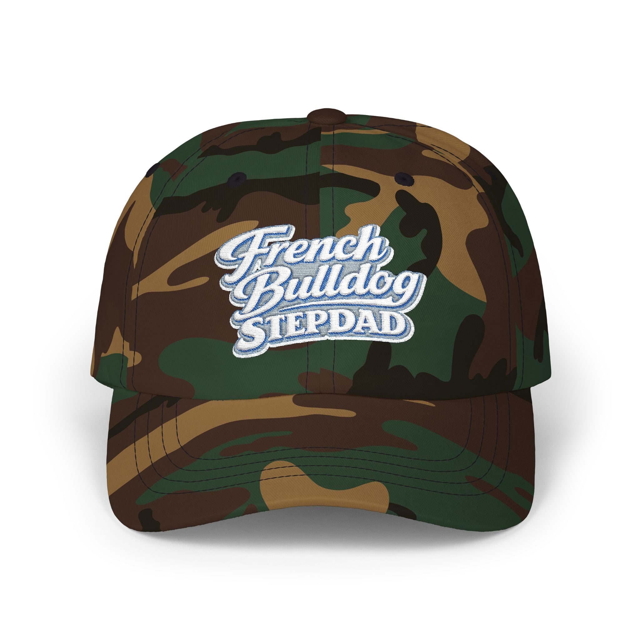 French Bulldog Stepdad Dad Cap — Embroidered White Baseball Hat for Dog Lovers