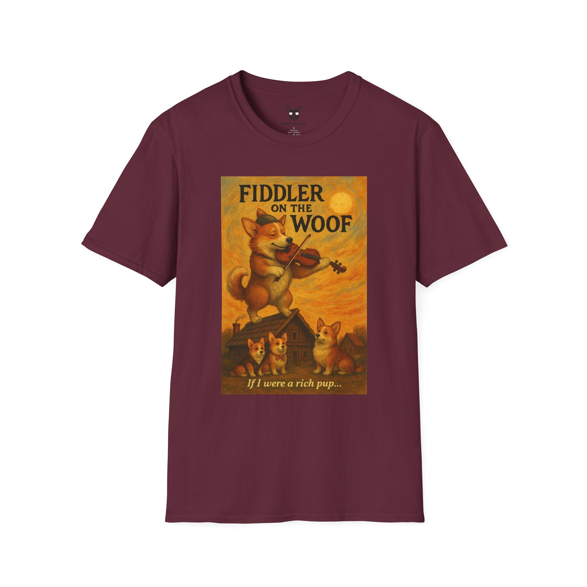 Fiddler on the Woof Broadway Poster Dog Parody Unisex Softstyle T-Shirt -- Funny Broadway Movie Tee for Theater and Dog Lovers