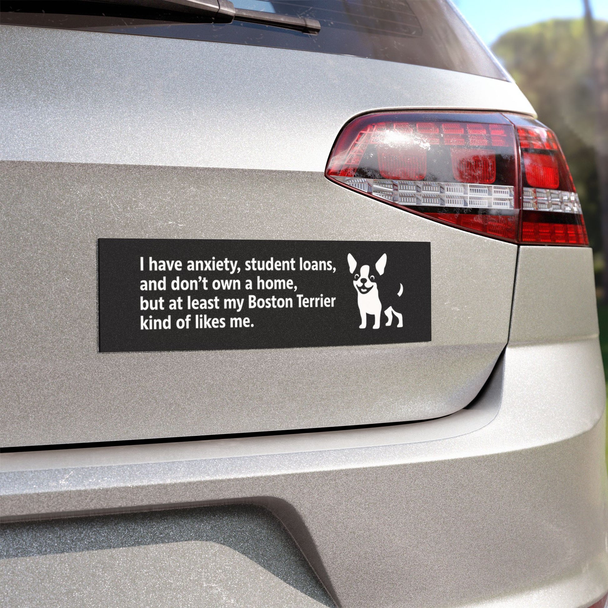 At Least My Boston Terrier Likes Me Bumper Sticker – Funny Dog Car Decal for Anxious Millennials