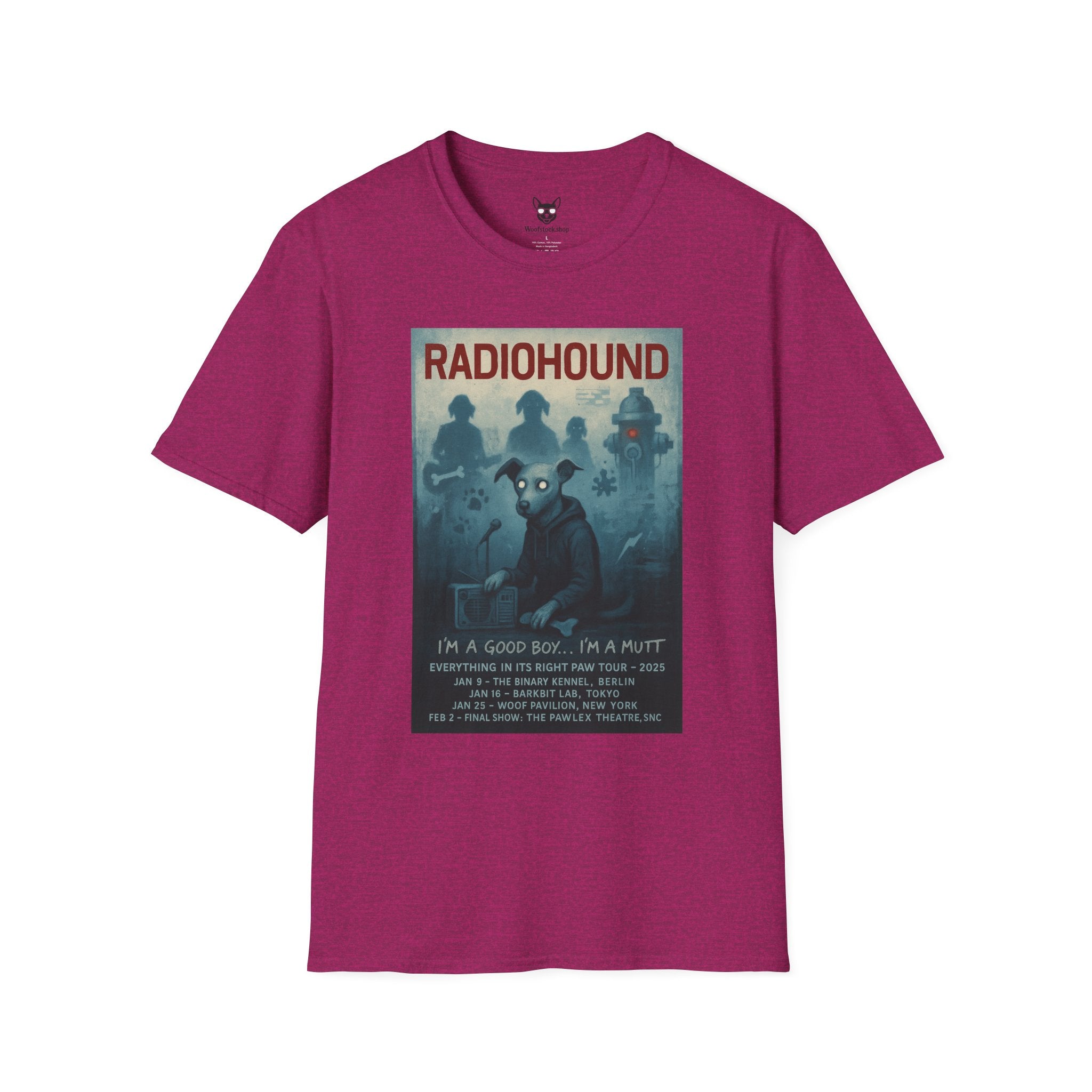 Radiohead Concert Poster Dog Parody Unisex Softstyle T-Shirt -- Funny Rock Tee for Music and Dog Lovers
