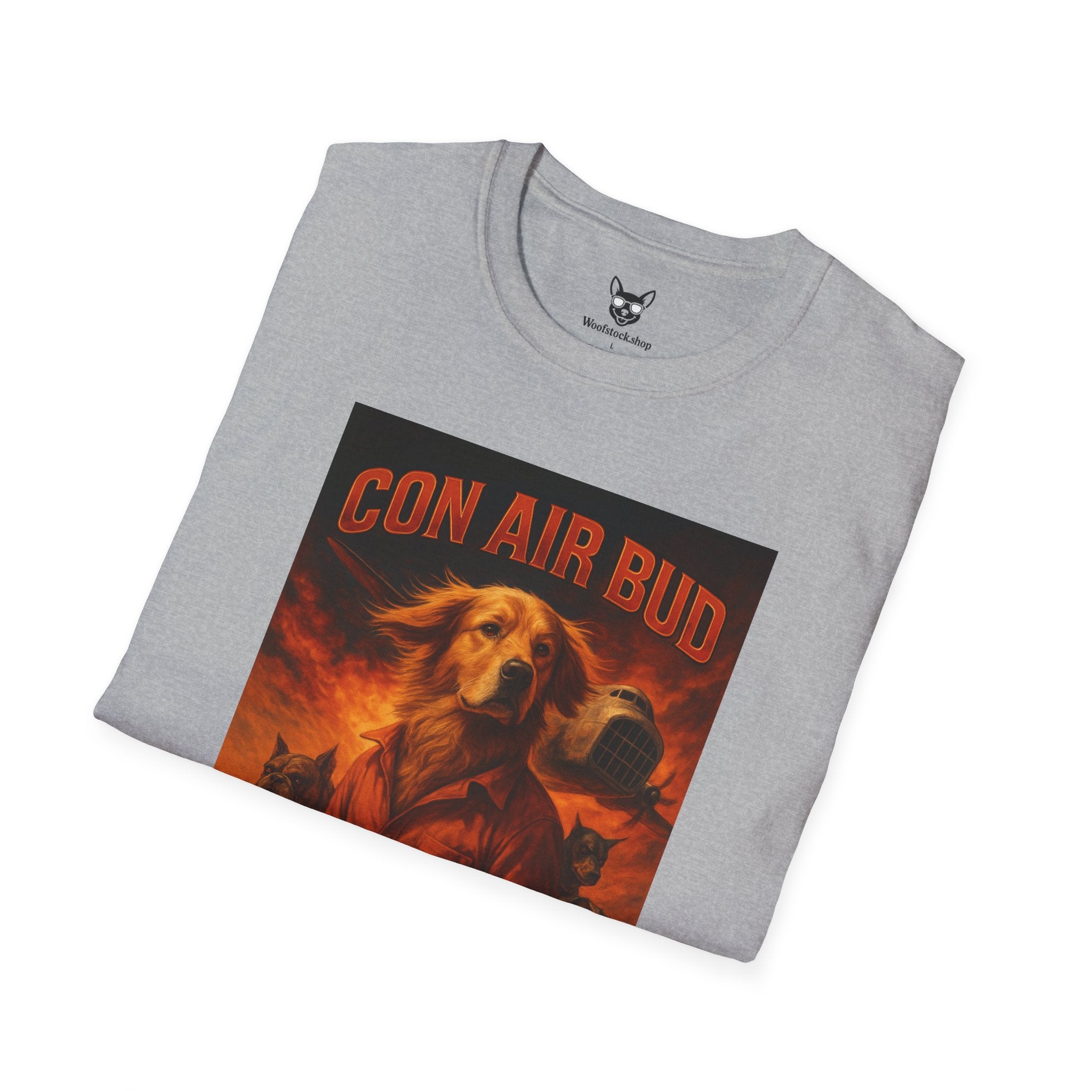 Con Air Movie Poster Dog Parody Unisex Softstyle T-Shirt – Funny Action Movie Tee for Film and Dog Lovers