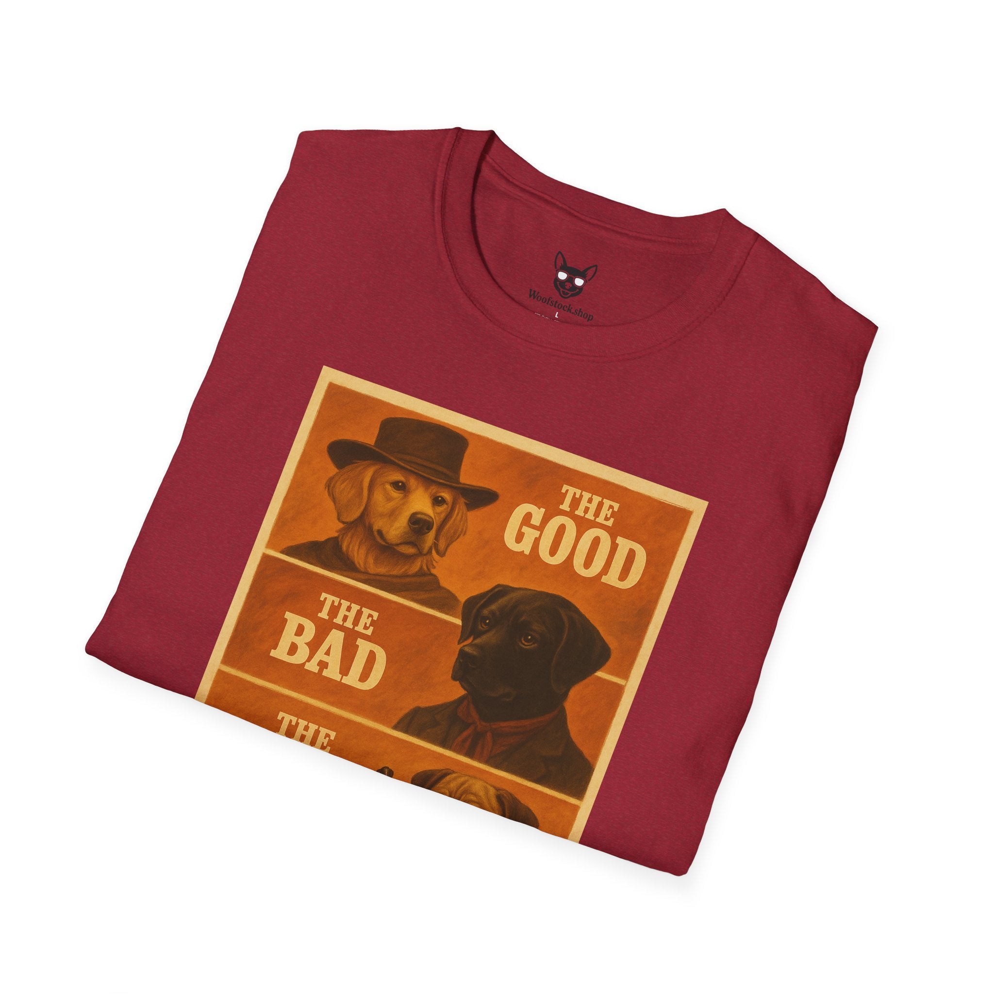 The Good, The Bad, & The Ugly Movie Poster Dog Parody Unisex Softstyle T-Shirt – Funny Movie Tee for Film and Dog Lovers