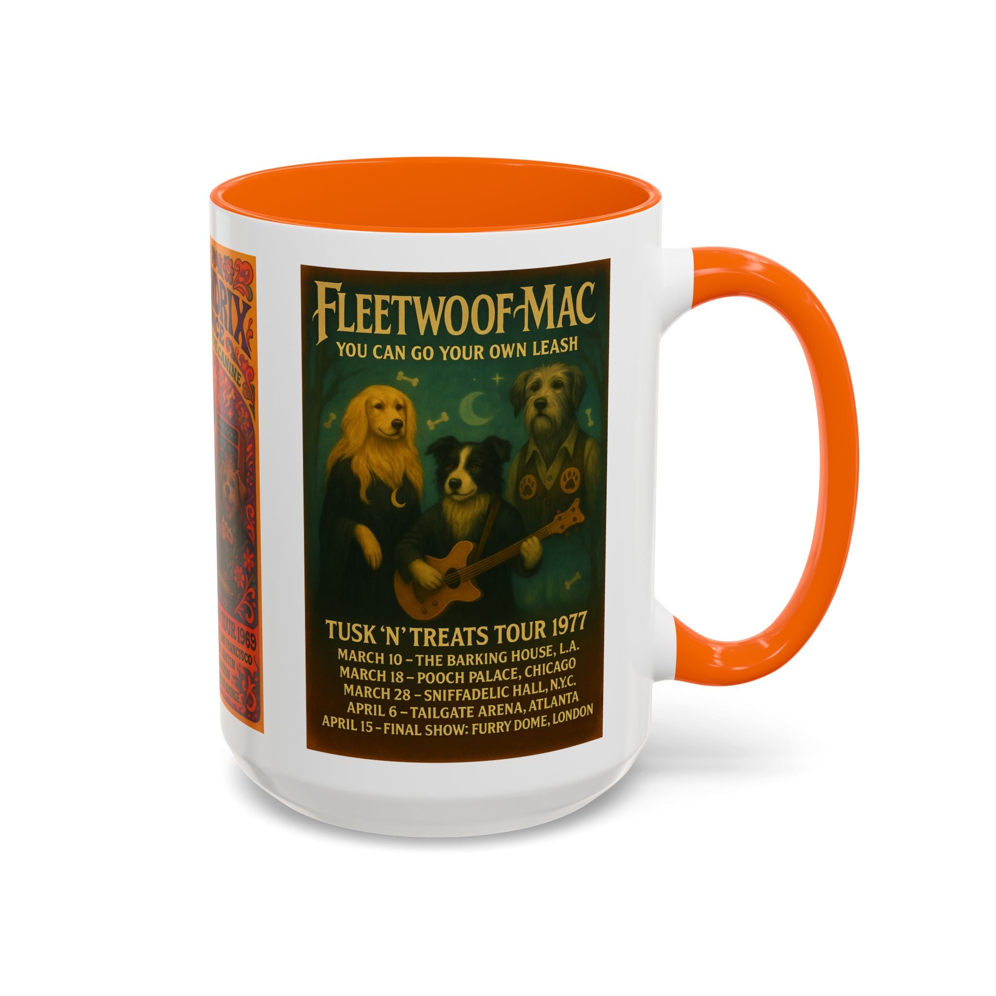 Concert Poster Dog Parody Mug – Funny Bruce Springsteen, Jimi Hendrix, and Fleetwood Mac Parody Gift