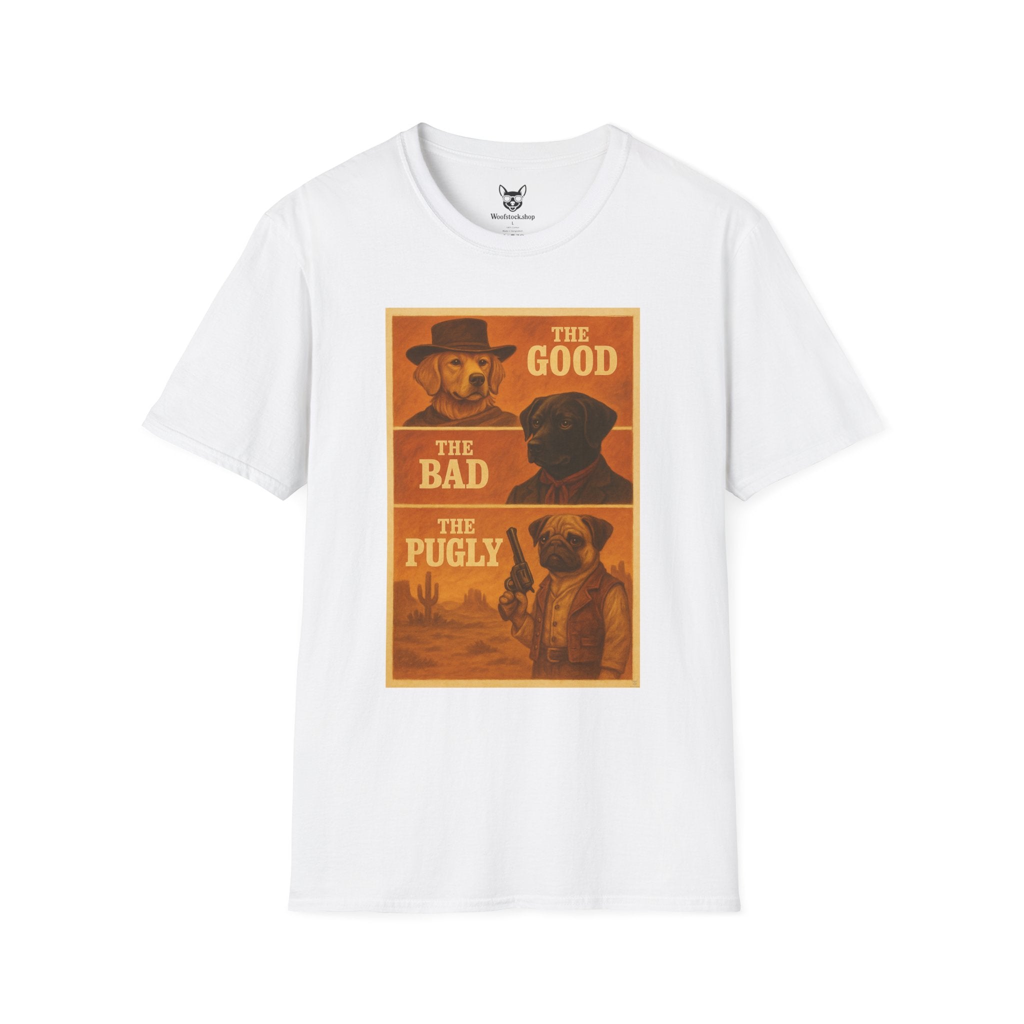 The Good, The Bad, & The Ugly Movie Poster Dog Parody Unisex Softstyle T-Shirt – Funny Movie Tee for Film and Dog Lovers