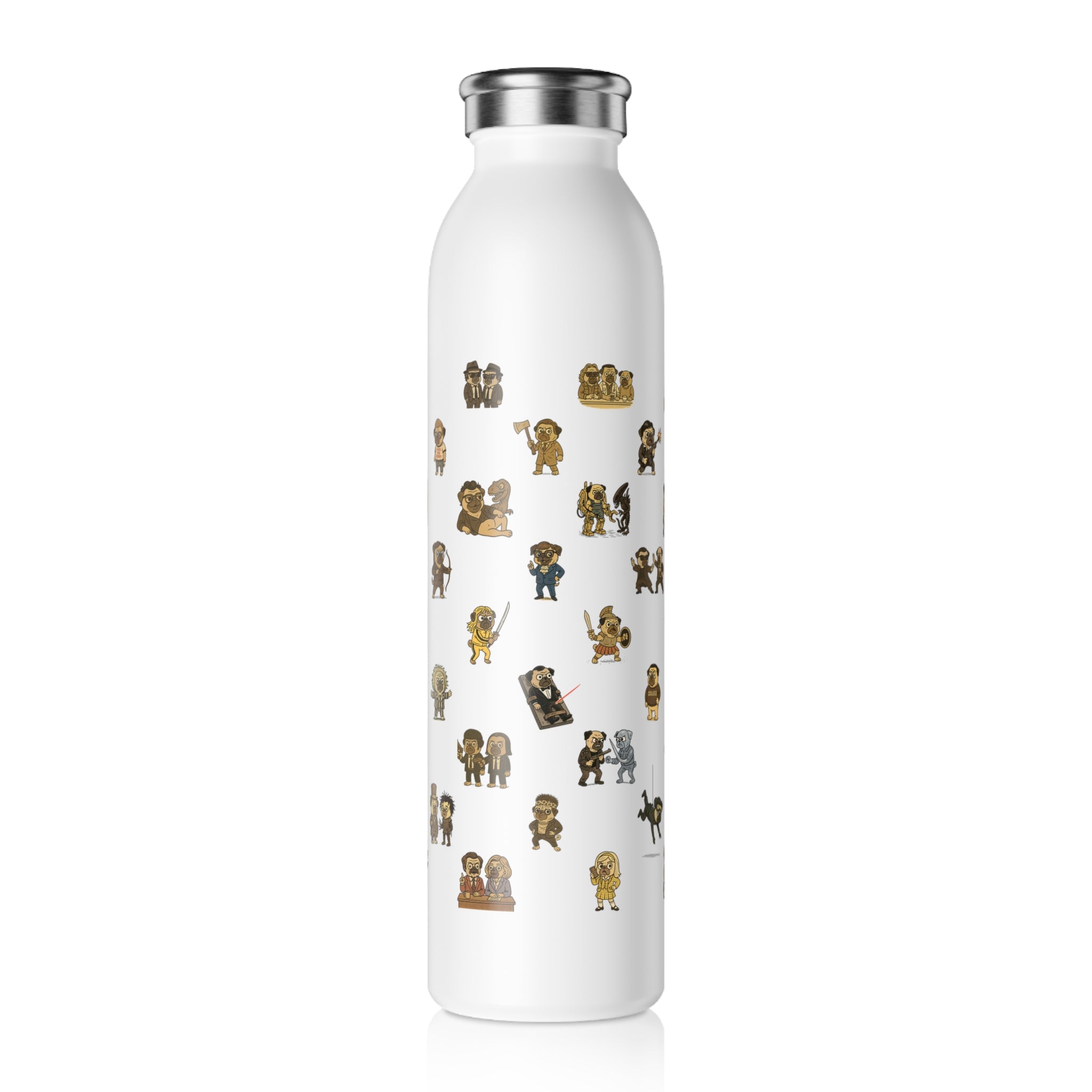 Movie Pugs Slim Water Bottle -- Funny Gift for Movies and Dog Lovers