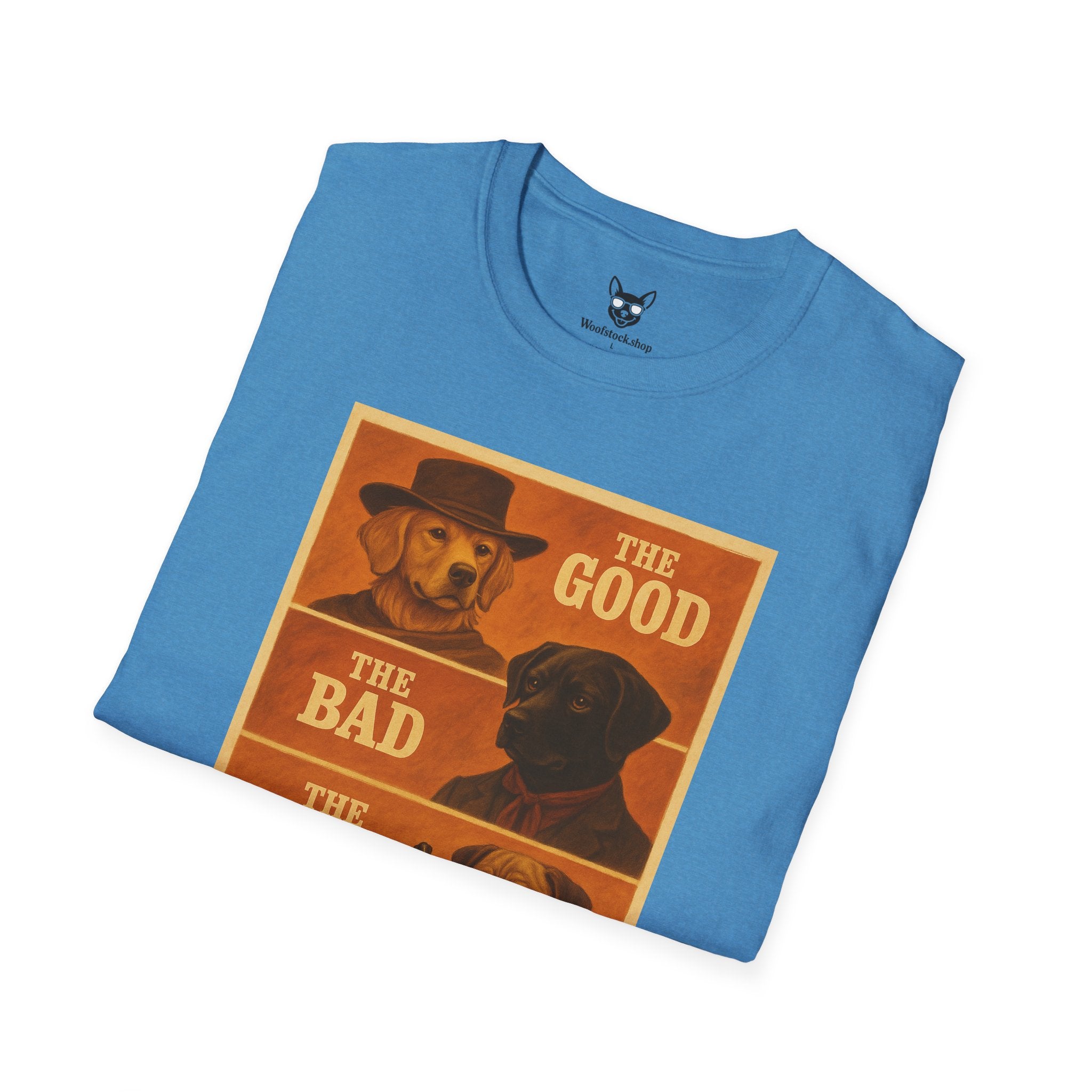 The Good, The Bad, & The Ugly Movie Poster Dog Parody Unisex Softstyle T-Shirt – Funny Movie Tee for Film and Dog Lovers