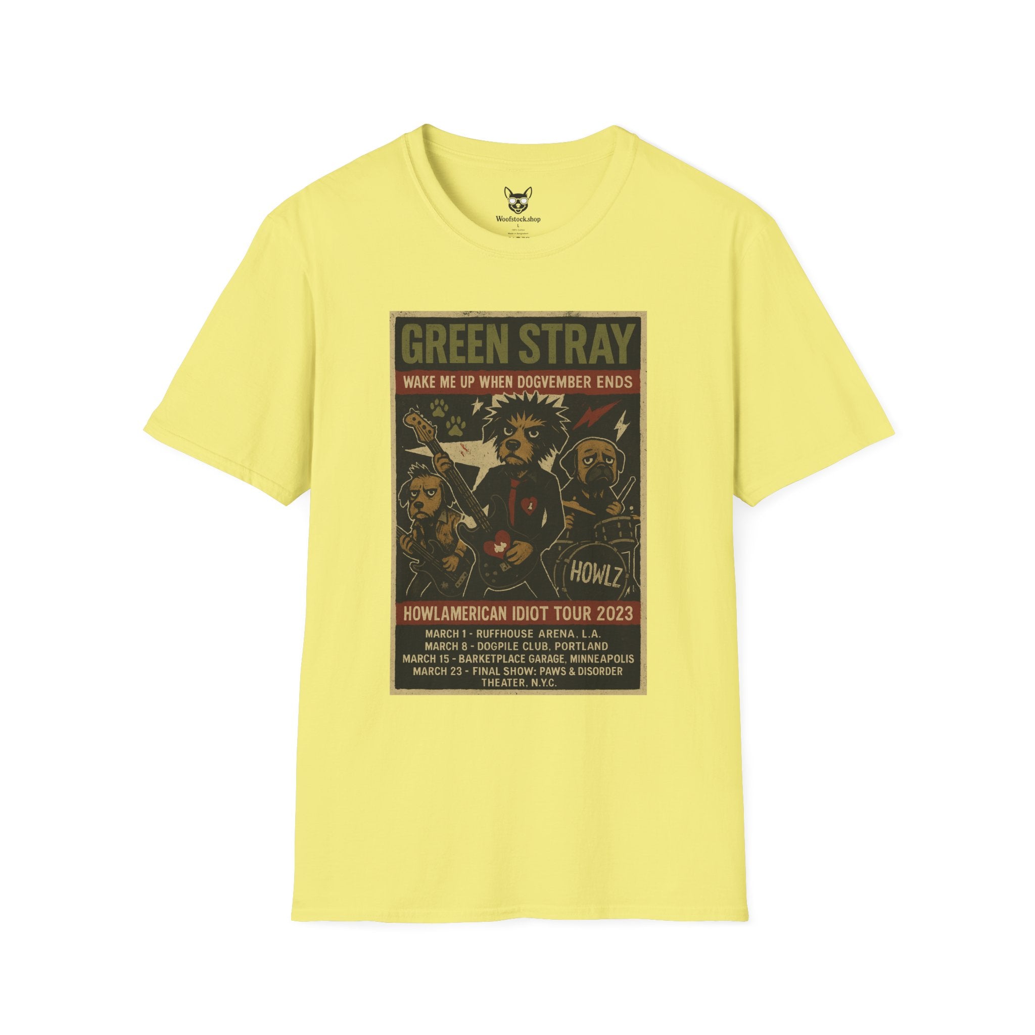 Green Day Concert Poster Dog Parody Unisex Softstyle T-Shirt – Funny Tee for Music and Dog Lovers