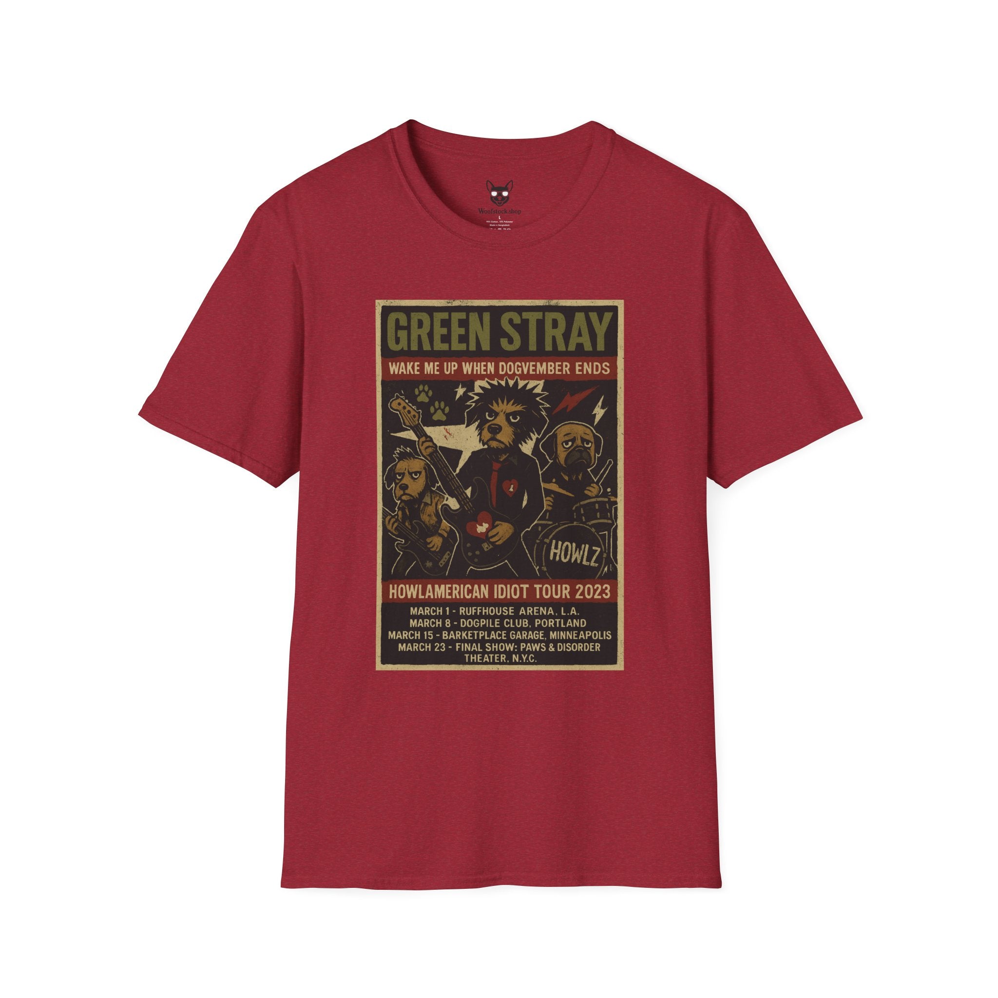 Green Day Concert Poster Dog Parody Unisex Softstyle T-Shirt – Funny Tee for Music and Dog Lovers