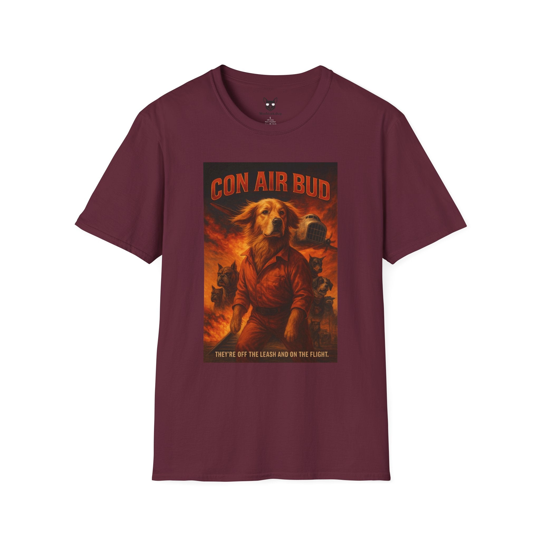 Con Air Movie Poster Dog Parody Unisex Softstyle T-Shirt – Funny Action Movie Tee for Film and Dog Lovers
