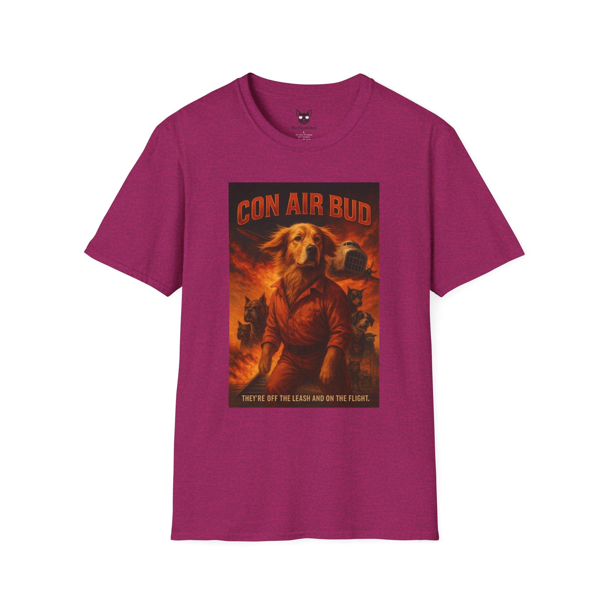 Con Air Movie Poster Dog Parody Unisex Softstyle T-Shirt – Funny Action Movie Tee for Film and Dog Lovers