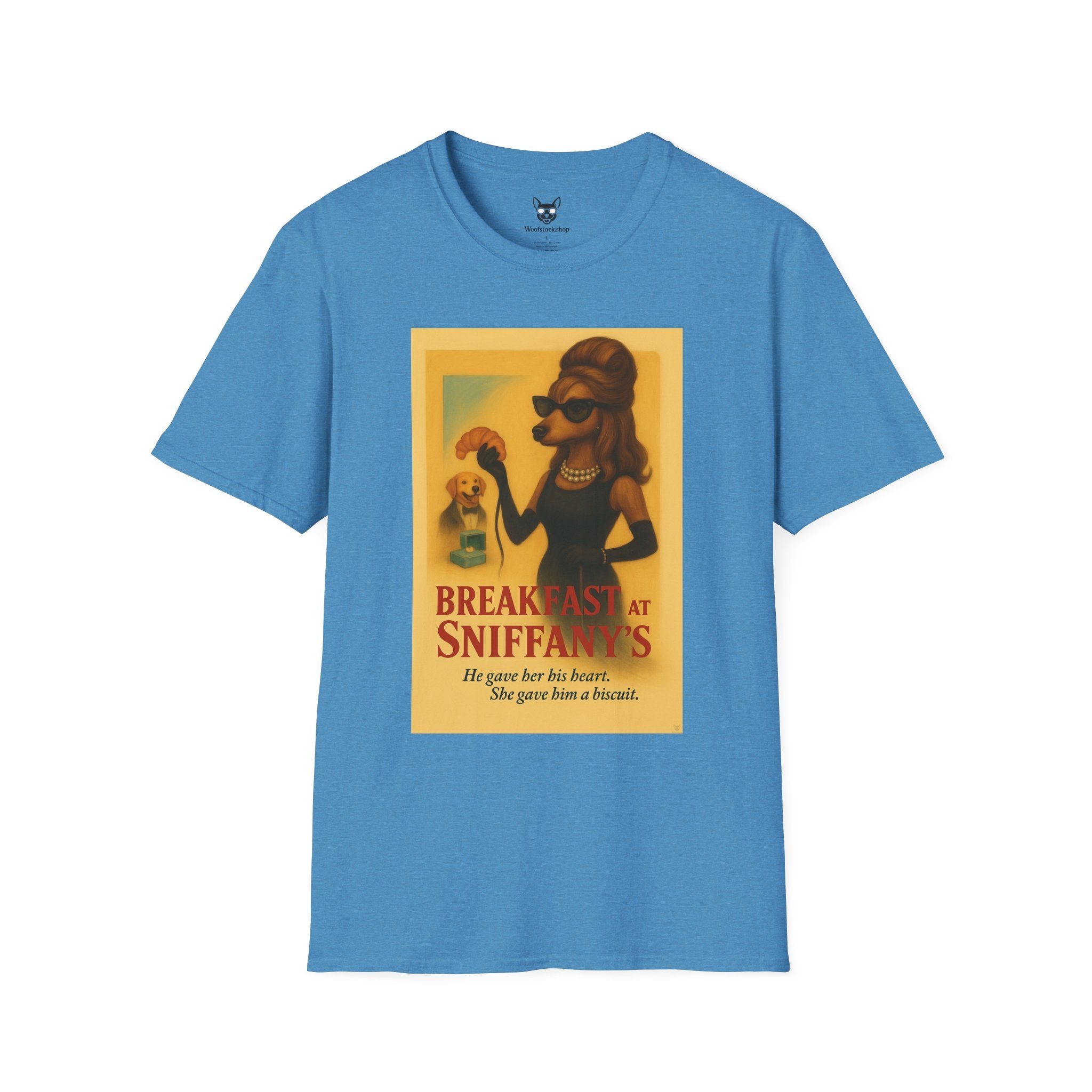 Breakfast at Tiffany's Movie Poster Dog Parody Unisex Softstyle T-Shirt -- Funny Audrey Hepburn Movie Tee for Film and Dog Lovers