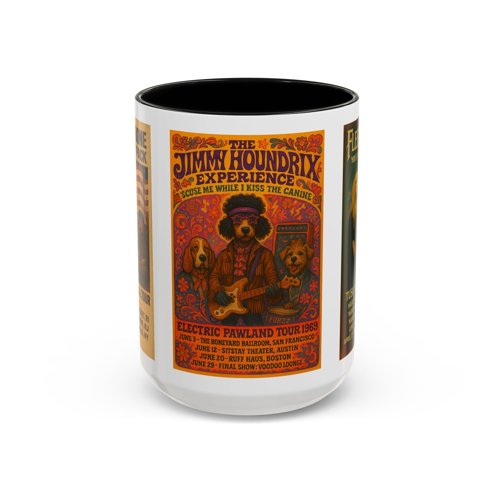 Concert Poster Dog Parody Mug – Funny Bruce Springsteen, Jimi Hendrix, and Fleetwood Mac Parody Gift
