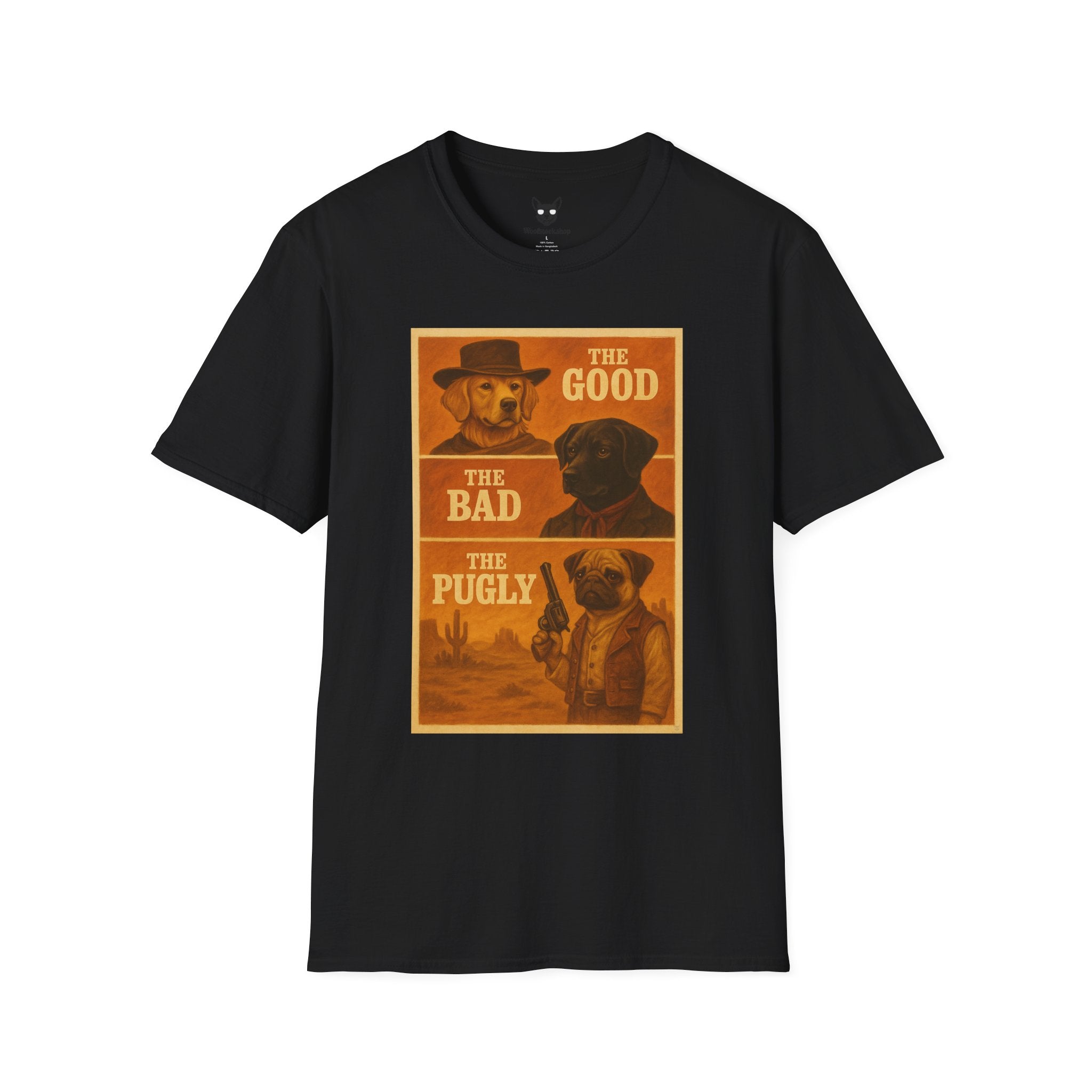 The Good, The Bad, & The Ugly Movie Poster Dog Parody Unisex Softstyle T-Shirt – Funny Movie Tee for Film and Dog Lovers