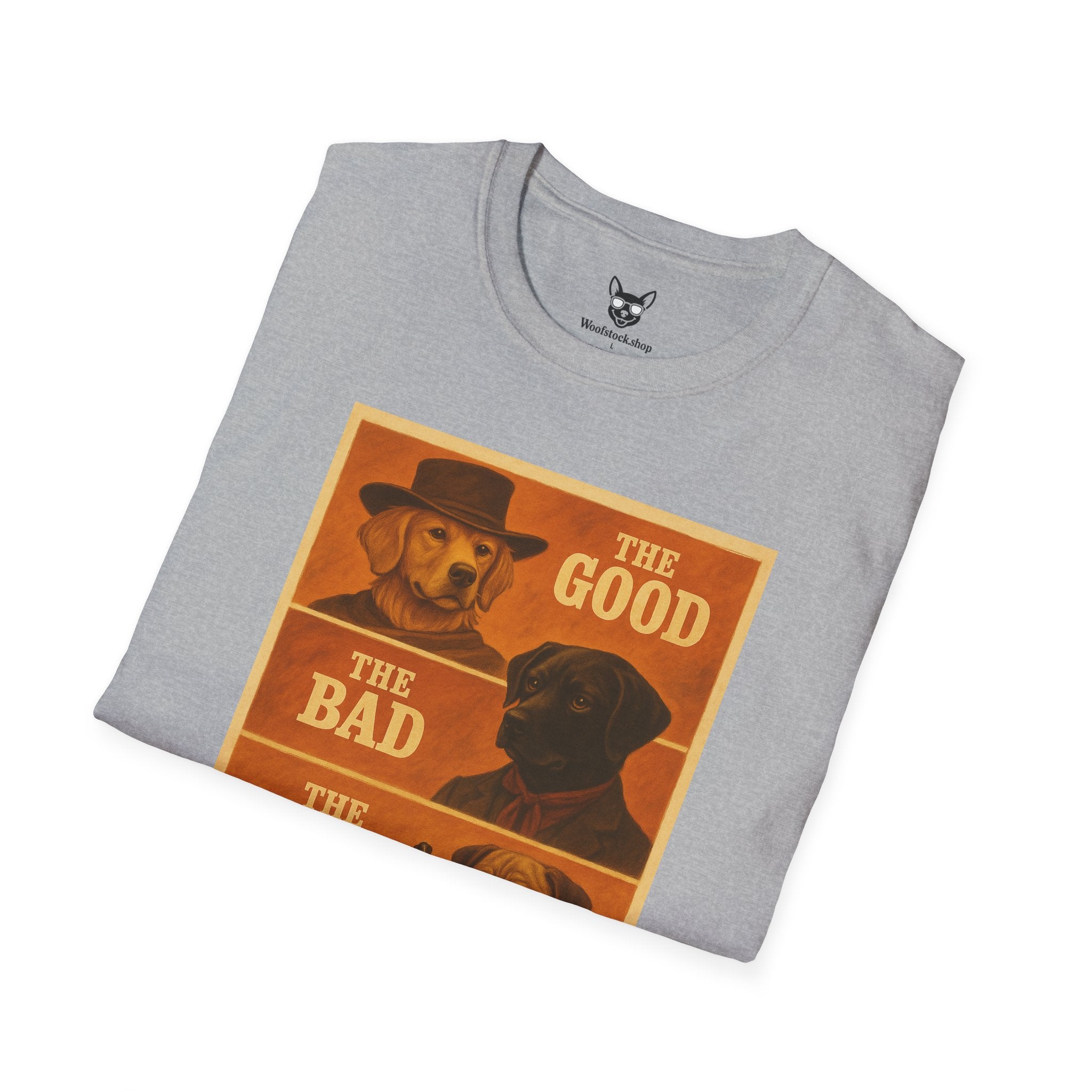The Good, The Bad, & The Ugly Movie Poster Dog Parody Unisex Softstyle T-Shirt – Funny Movie Tee for Film and Dog Lovers