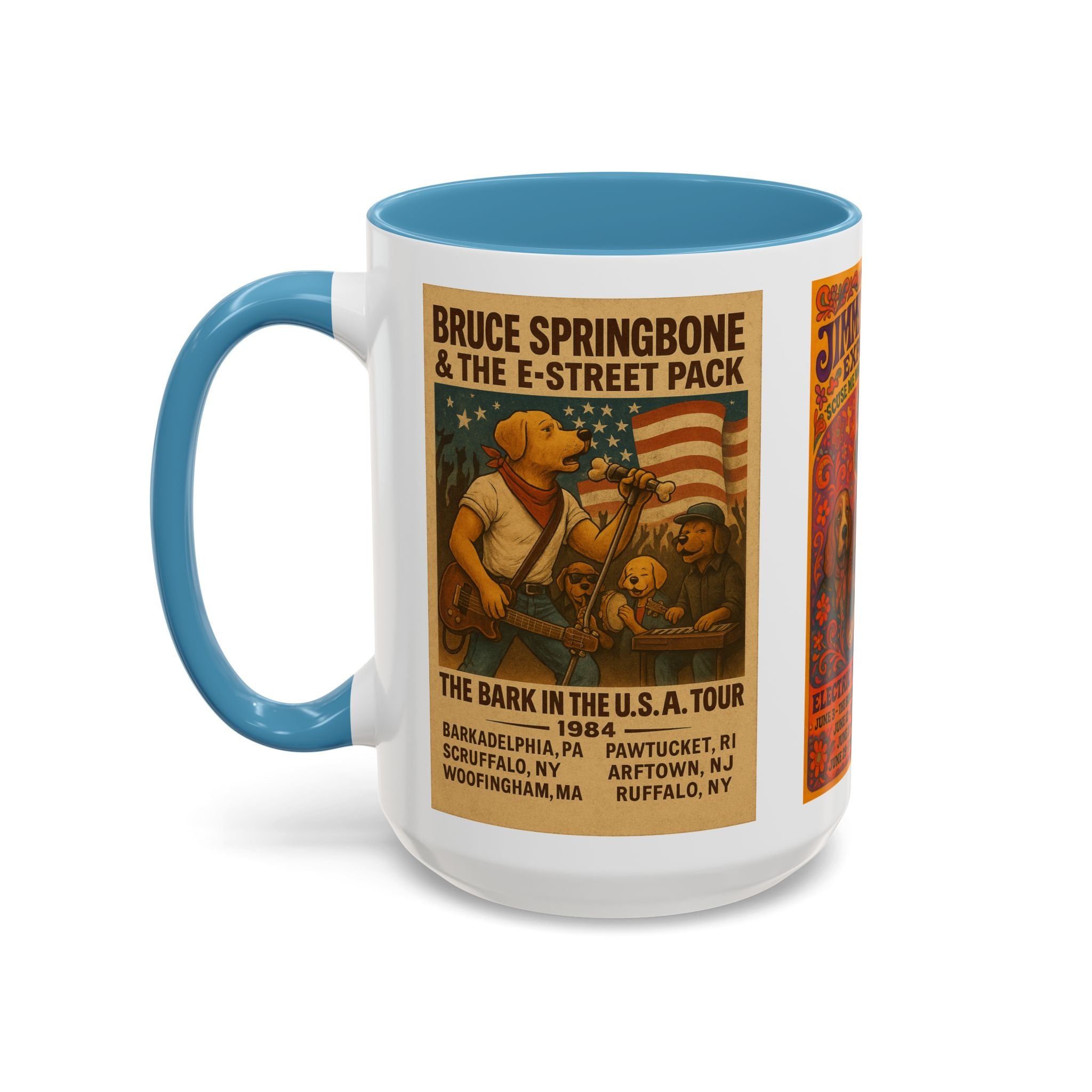 Concert Poster Dog Parody Mug – Funny Bruce Springsteen, Jimi Hendrix, and Fleetwood Mac Parody Gift