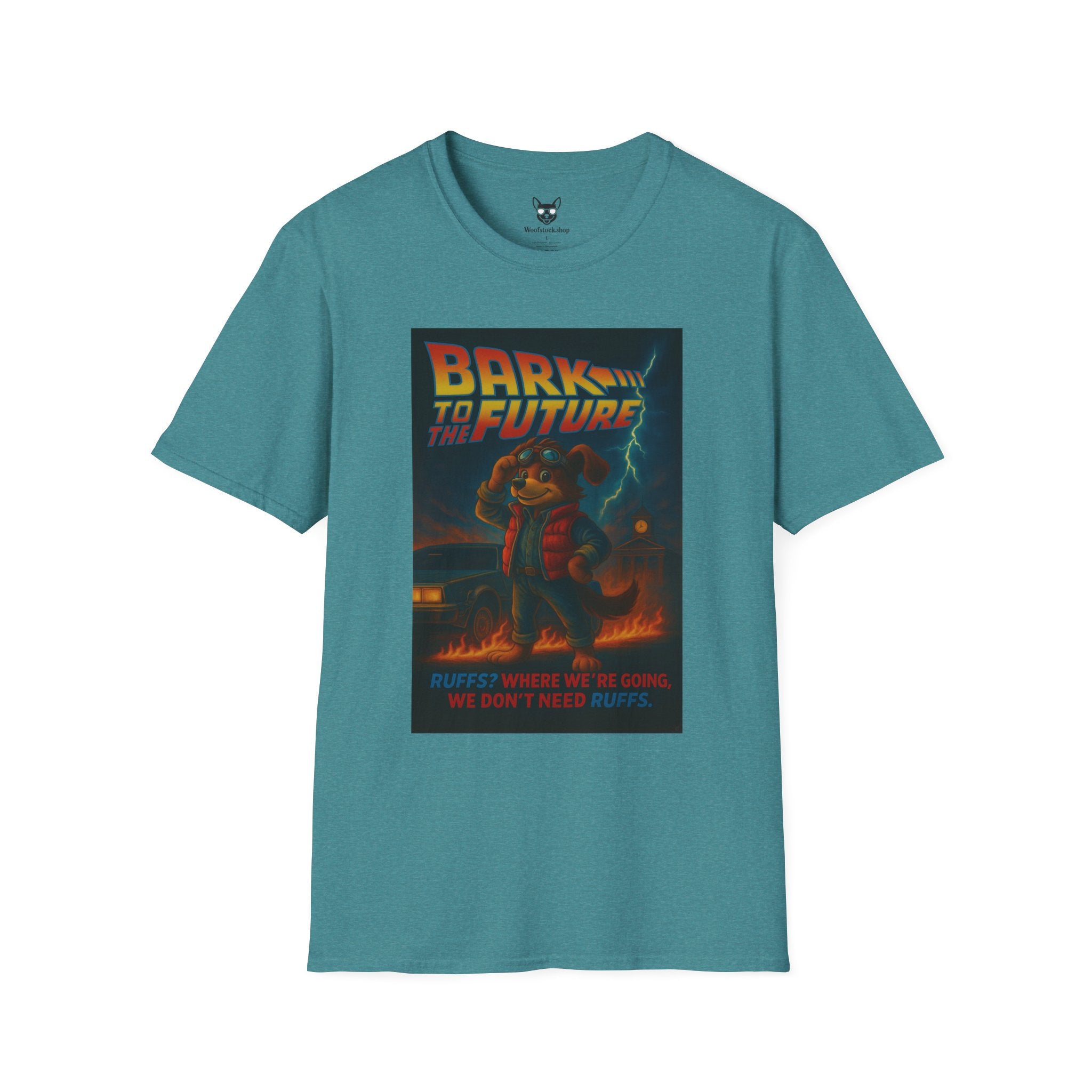 Back to the Future Movie Poster Dog Parody Unisex Softstyle T-Shirt -- Funny Dog Movie Tee for Film and Dog Lovers
