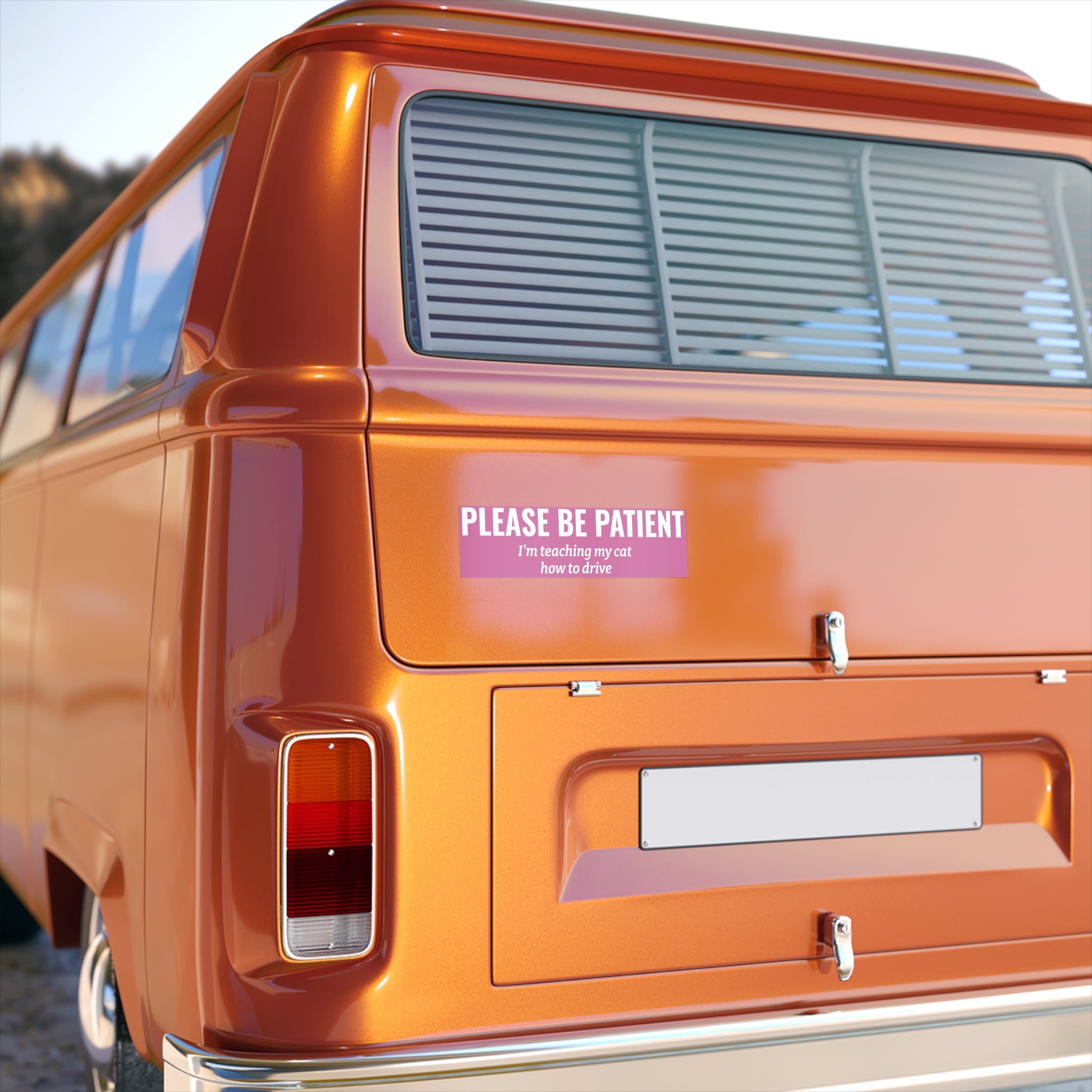 Please Be Patient Bumper Sticker — "I'm Teaching My Cat How to Drive" Humorous Car Decal (Light Pink)